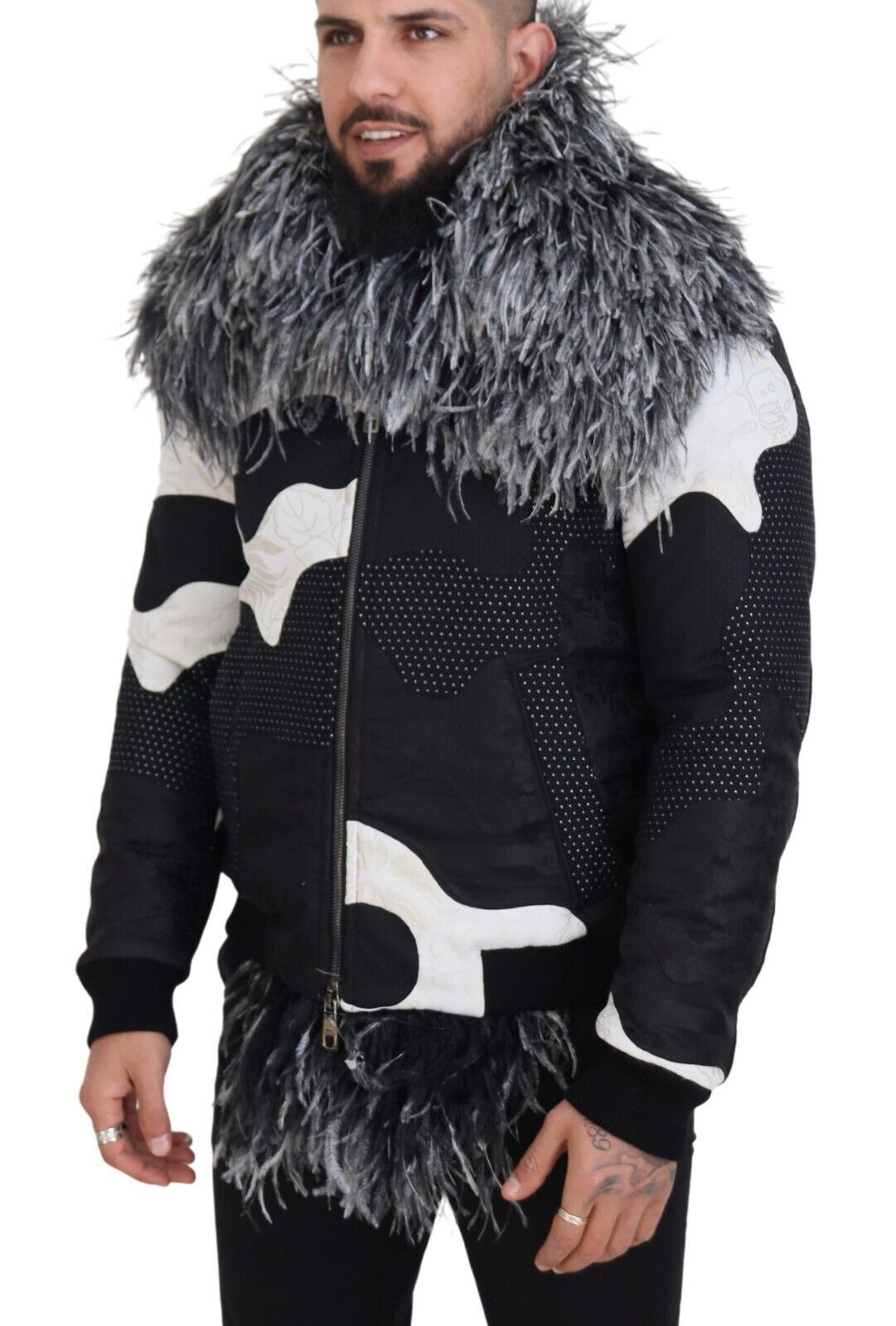 Dolce & Gabbana Black White Fur Shearling Full Zip Jacket | Regal Royce
