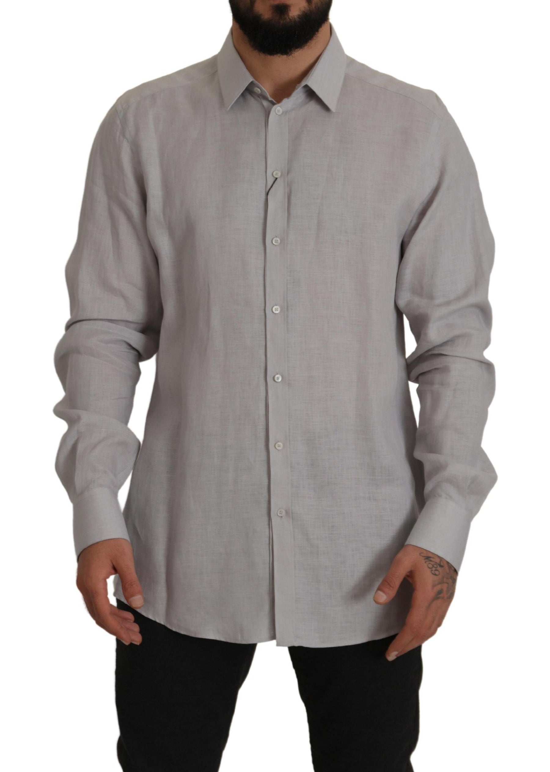 Dolce & Gabbana Gray Linen Long Sleeves Formal GOLD Shirt | Regal Royce