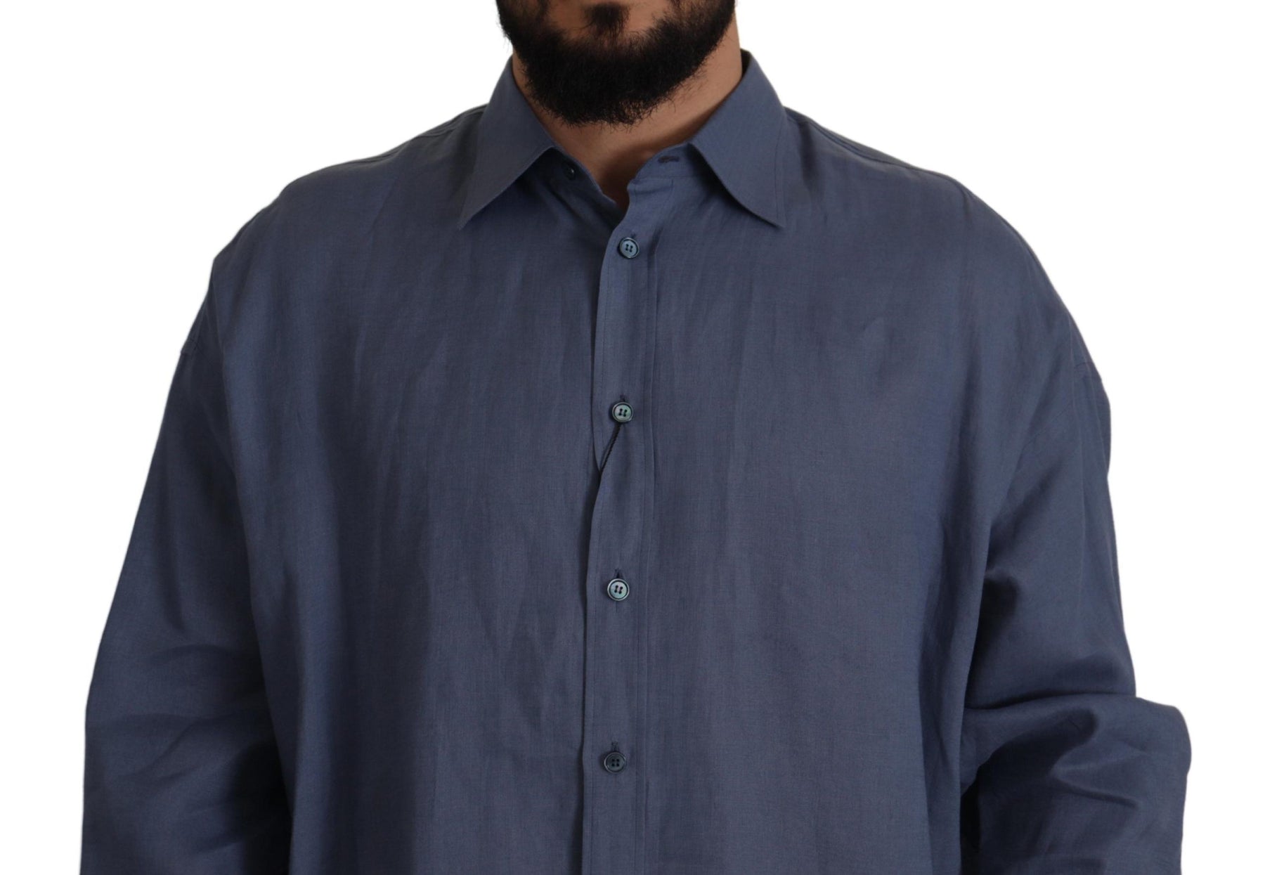 Dolce & Gabbana Dark Blue Linen Slim Fit Dress Formal Men Shirt | Regal Royce