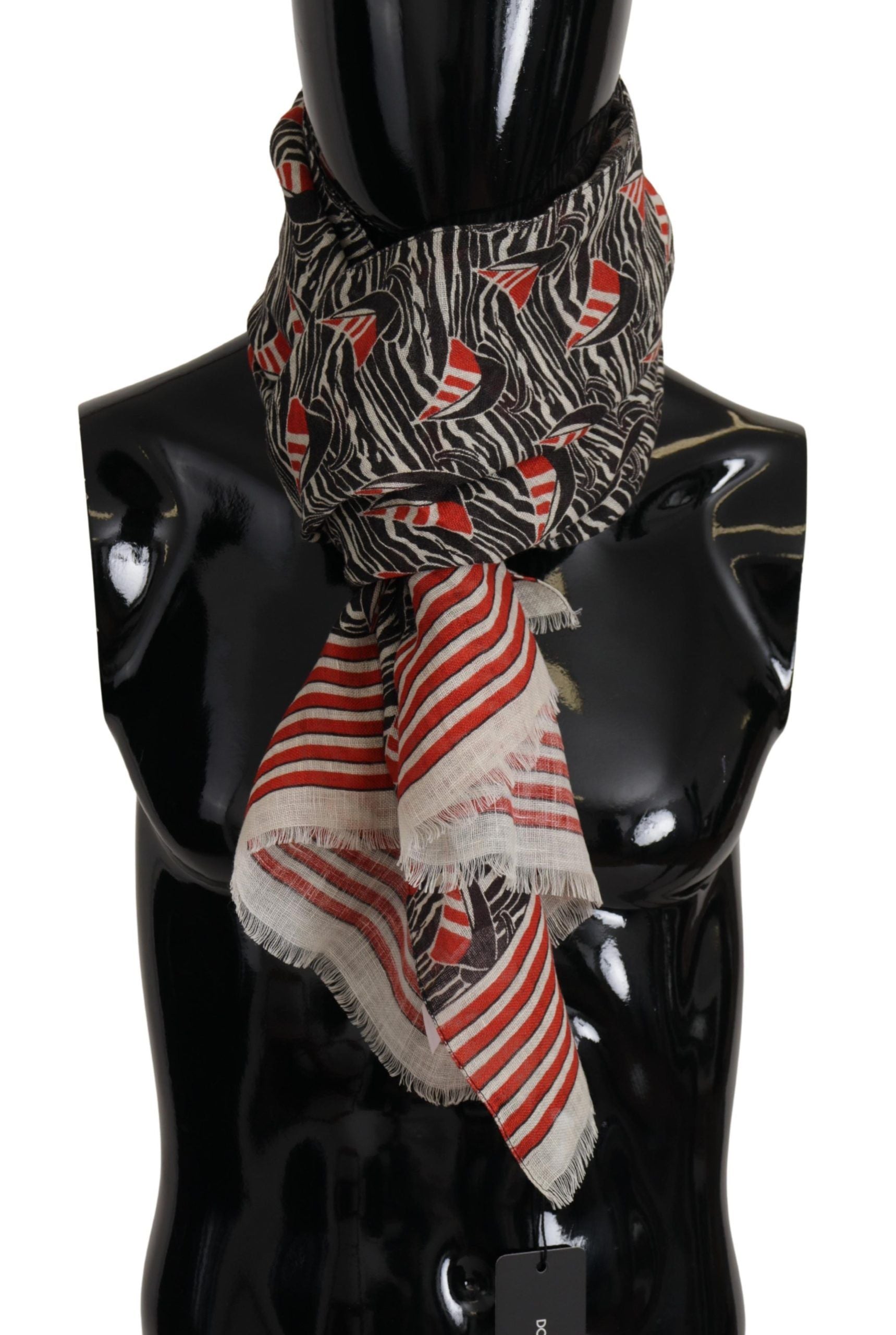 Dolce & Gabbana Black Red Linen Sailboat Stripe Print Shawl Scarf | Regal Royce