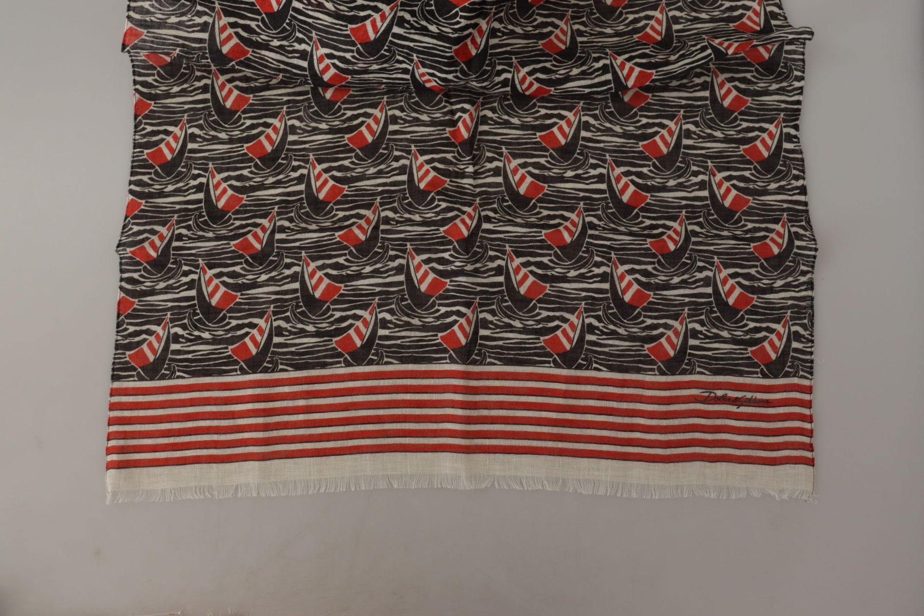 Dolce & Gabbana Black Red Linen Sailboat Stripe Print Shawl Scarf | Regal Royce