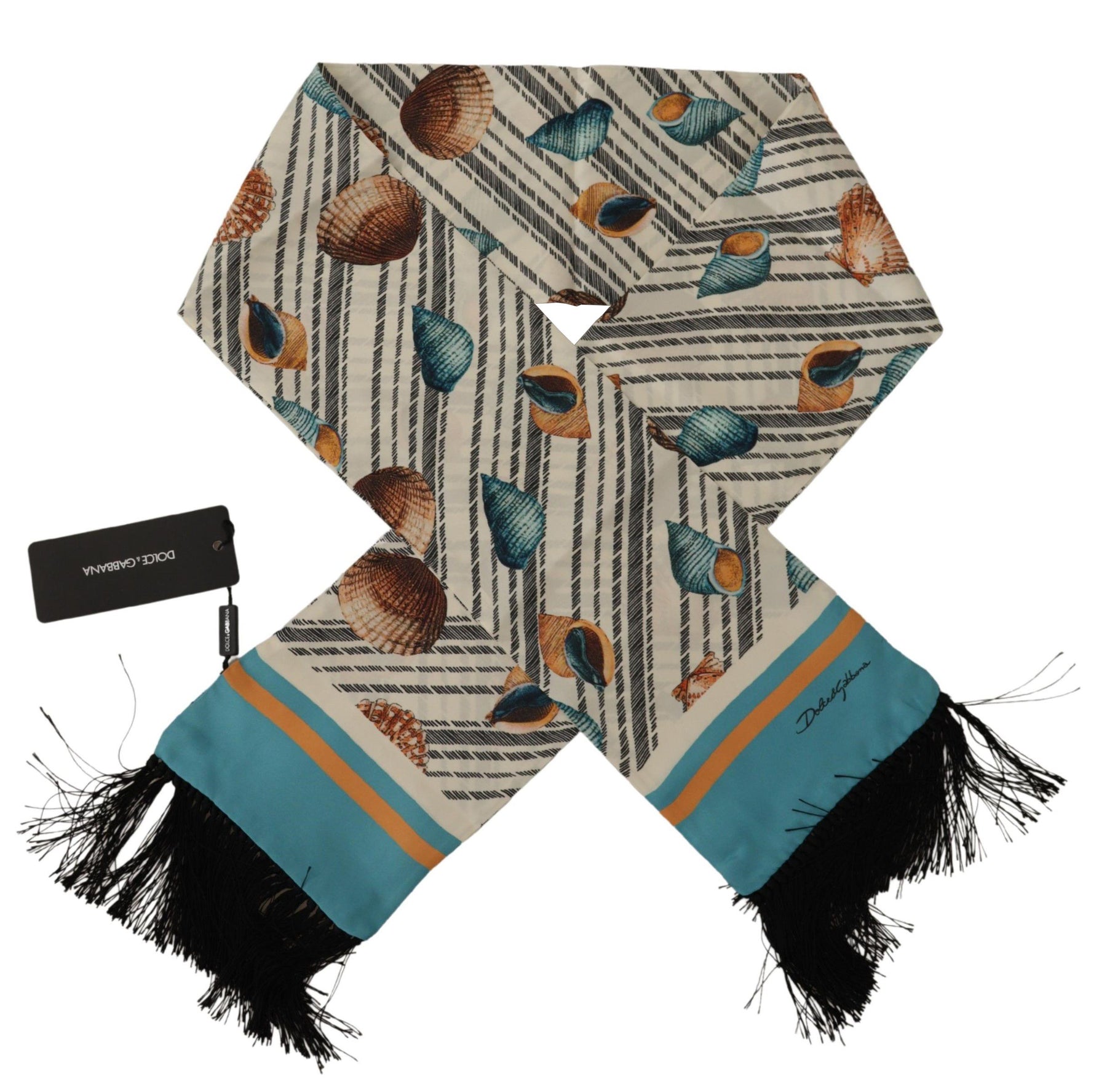 Dolce & Gabbana Multicolor Seashells DG Print Silk Shawl Fringe Scarf | Regal Royce