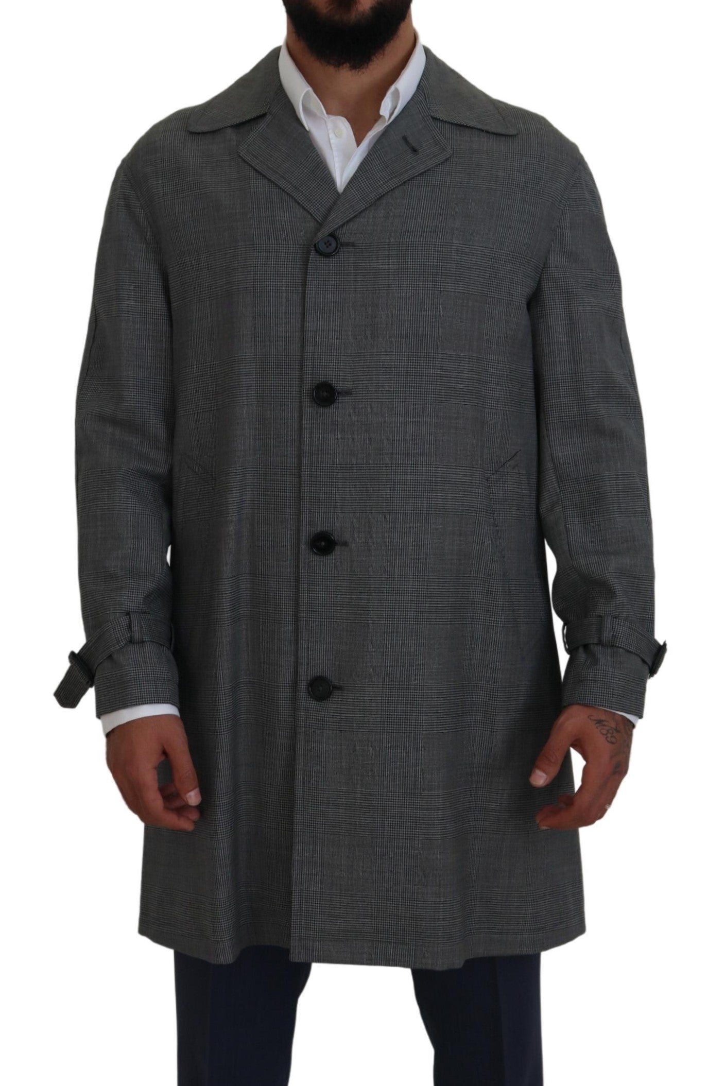 Dolce & Gabbana Gray Wool Plaid Long Trench Coat Jacket Trench Coat Jacket | Regal Royce