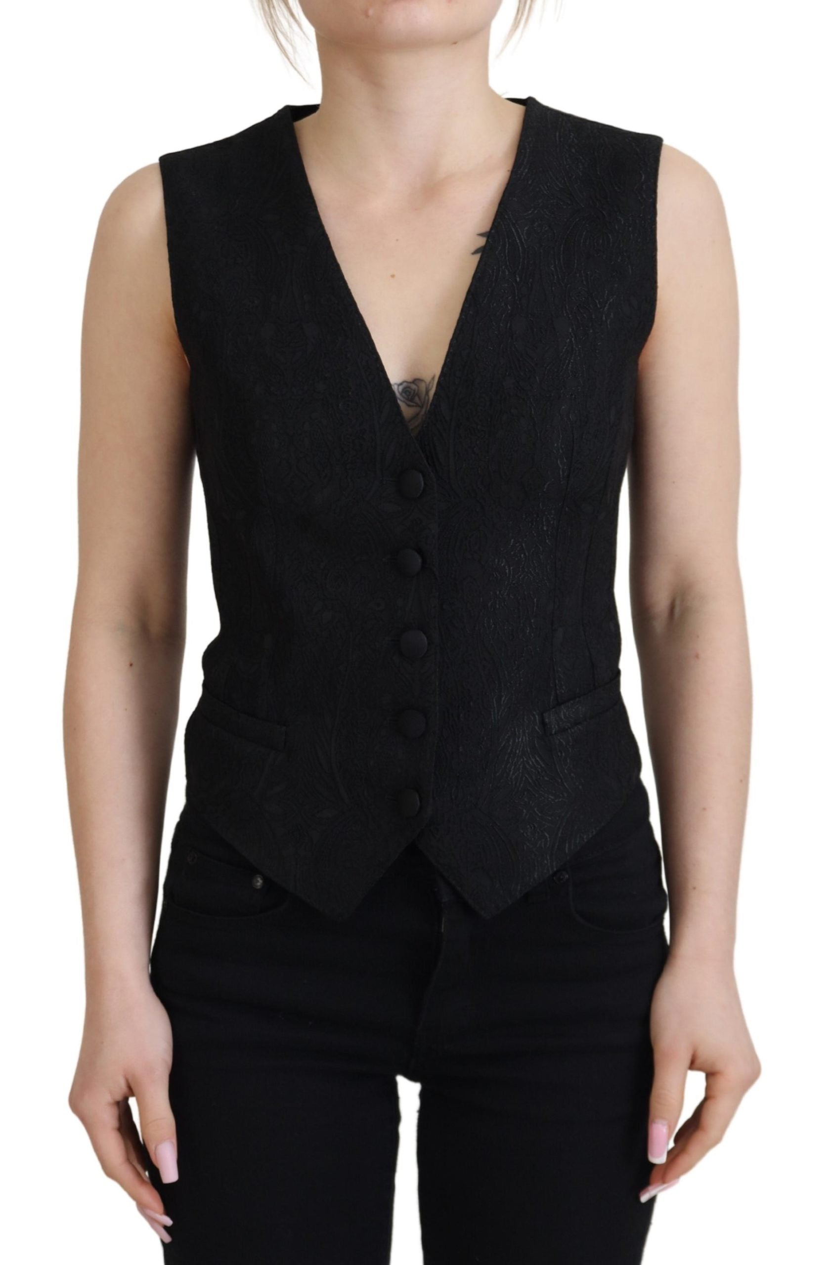 Dolce & Gabbana Black Brocade Button Down Sleeveless Vest Top | Regal Royce