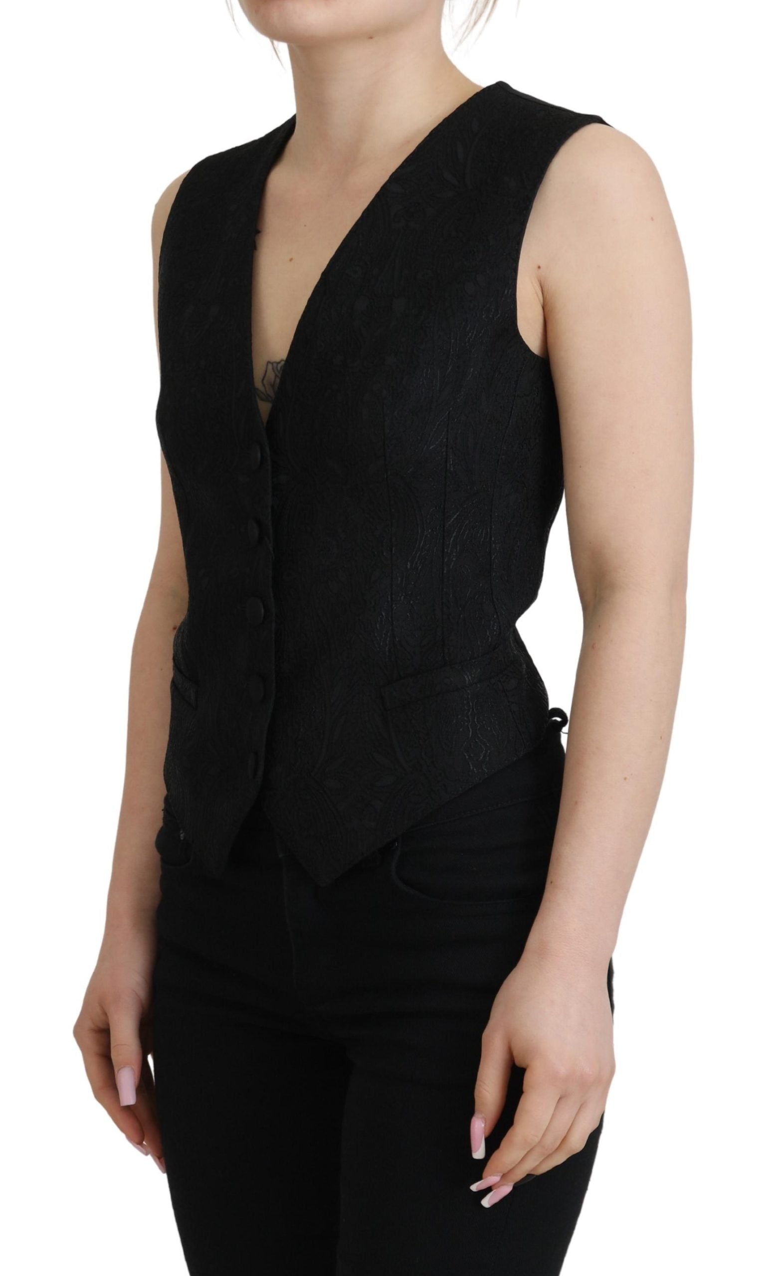 Dolce & Gabbana Black Brocade Button Down Sleeveless Vest Top | Regal Royce