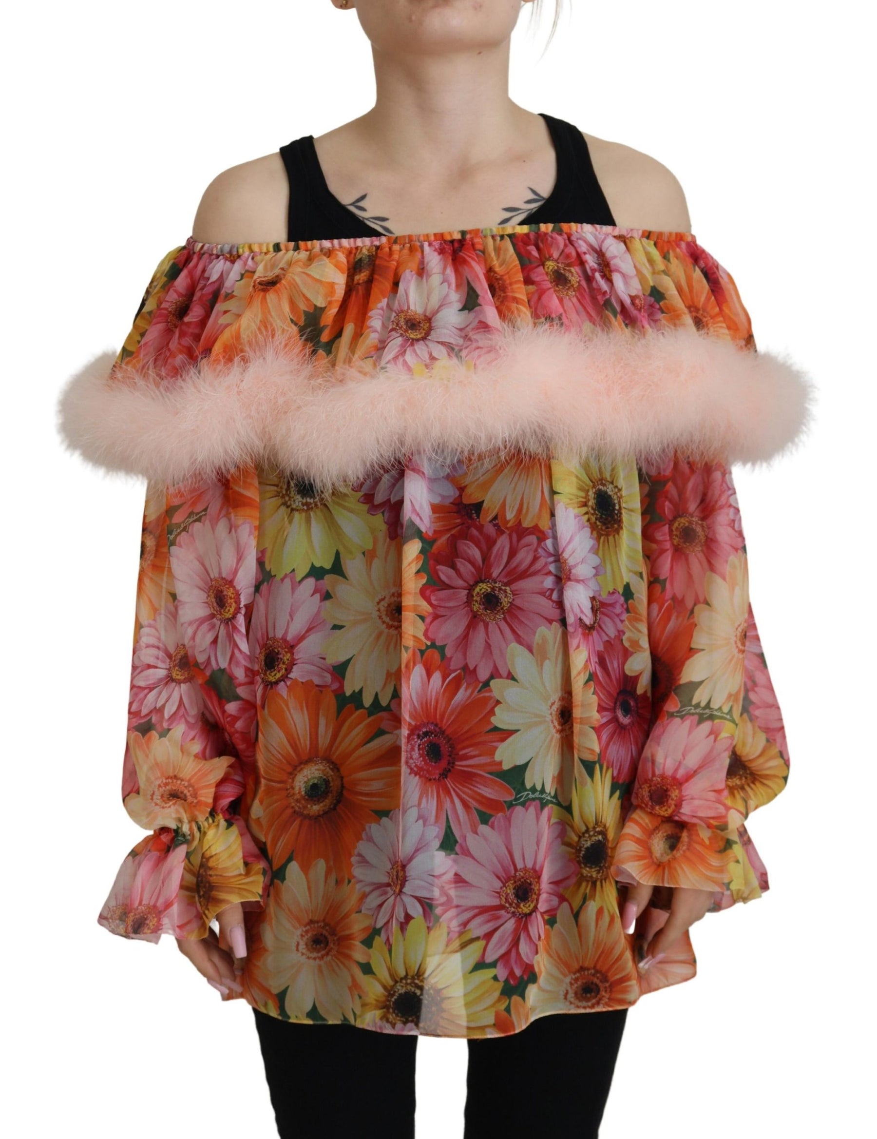 Dolce & Gabbana Multicolor Floral Fur Shearling Blouse Top | Regal Royce