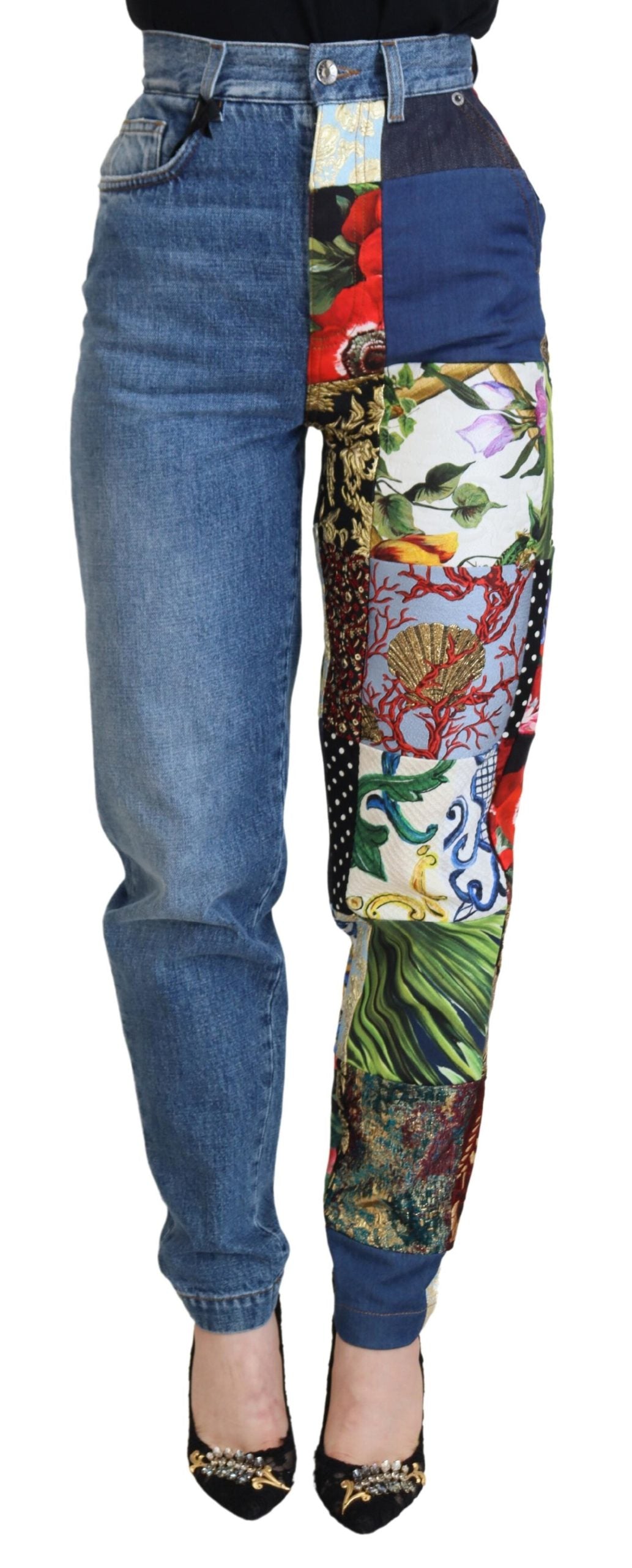 Dolce & Gabbana Blue Jacquard Majolica High Waist Jeans | Regal Royce