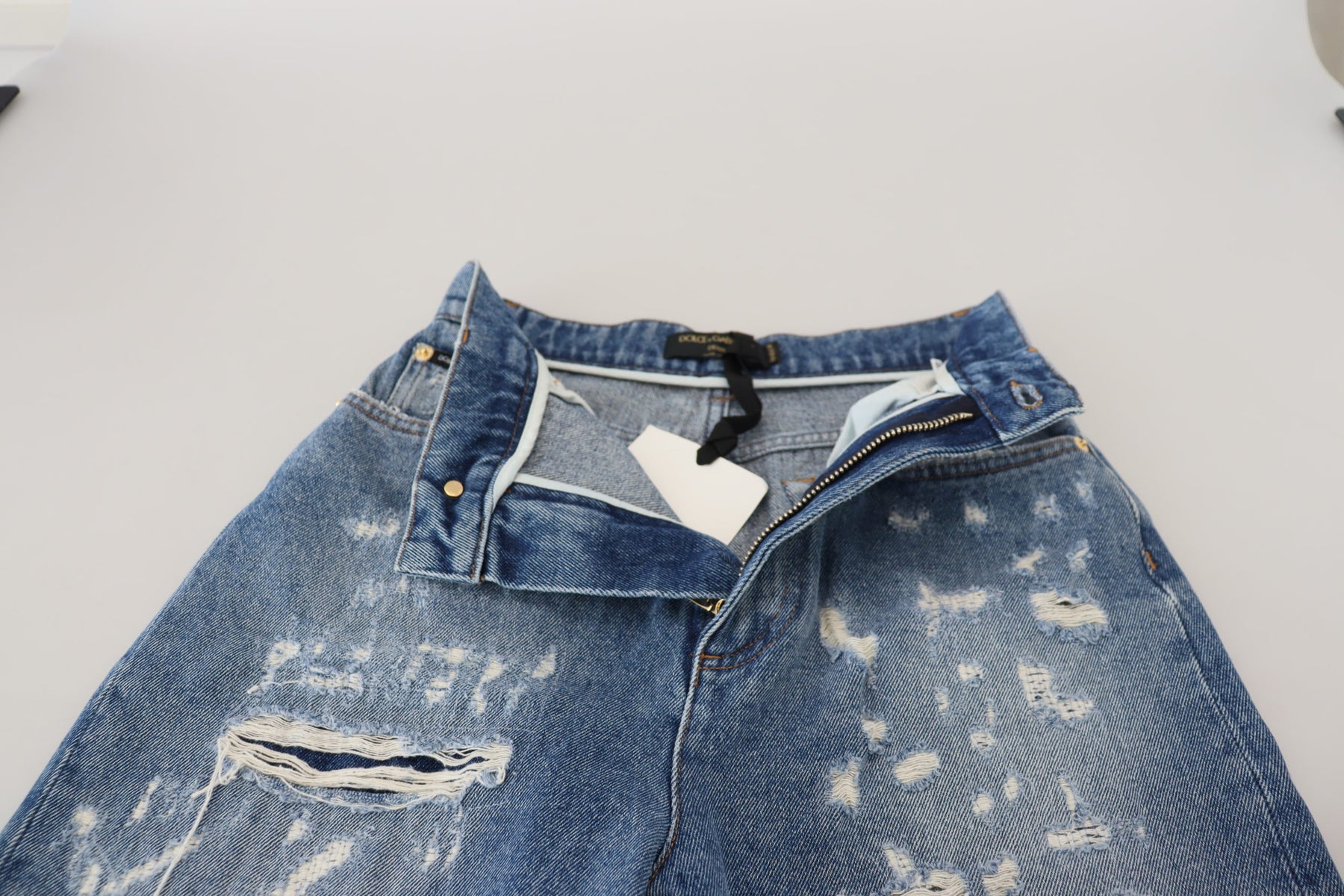 Dolce & Gabbana Blue Washed Cotton Tattered Denim Jeans | Regal Royce