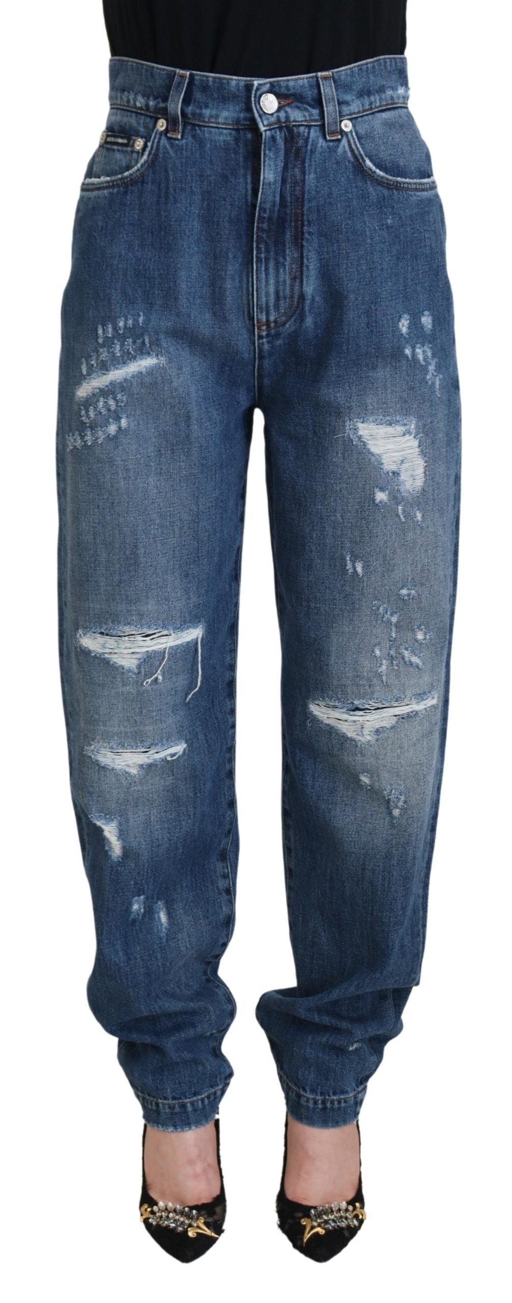 Dolce & Gabbana Blue Washed Cotton Tattered Denim Jeans | Regal Royce