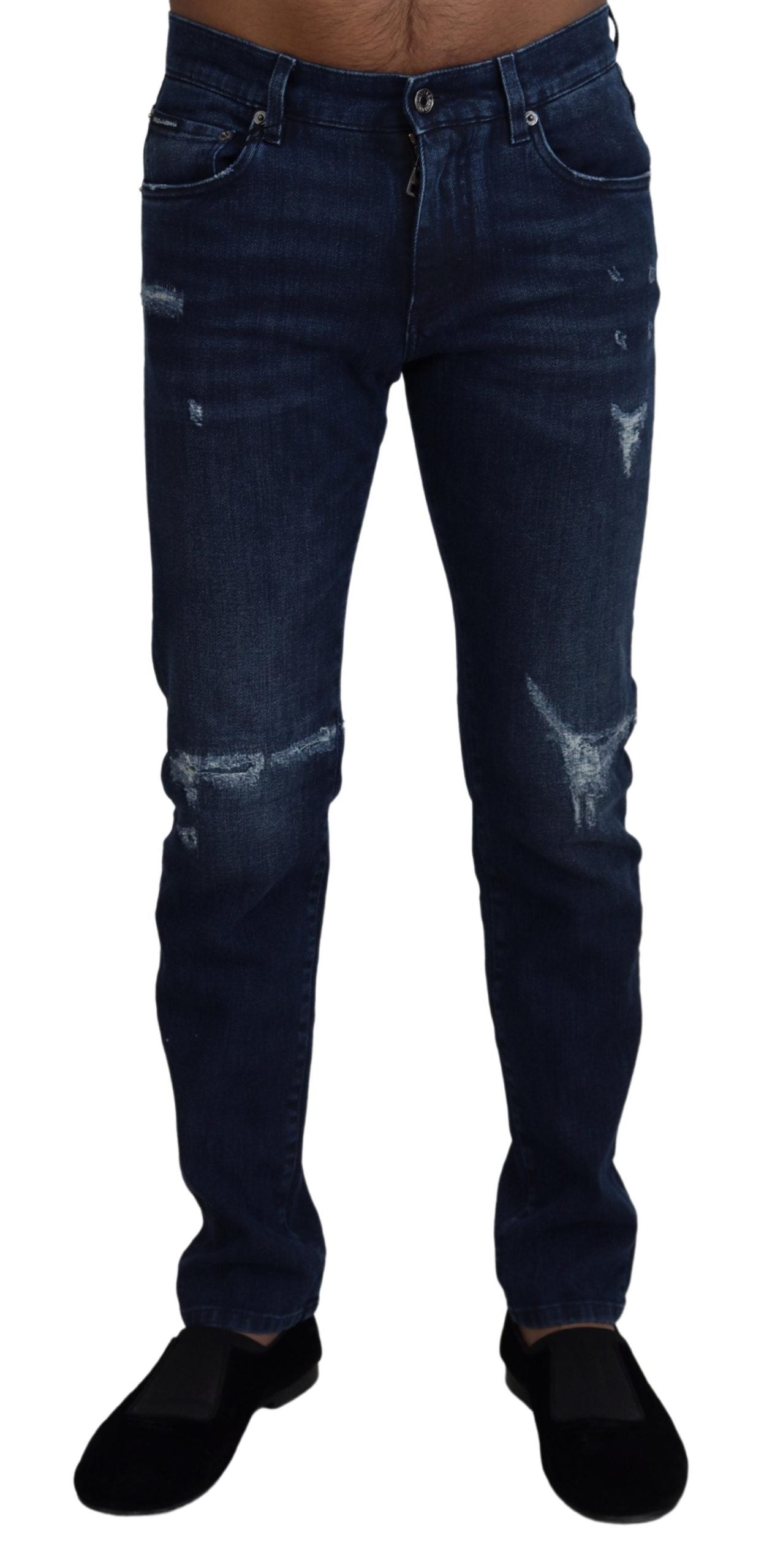 Dolce & Gabbana Blue Cotton Skinny Tattered Denim Jeans | Regal Royce