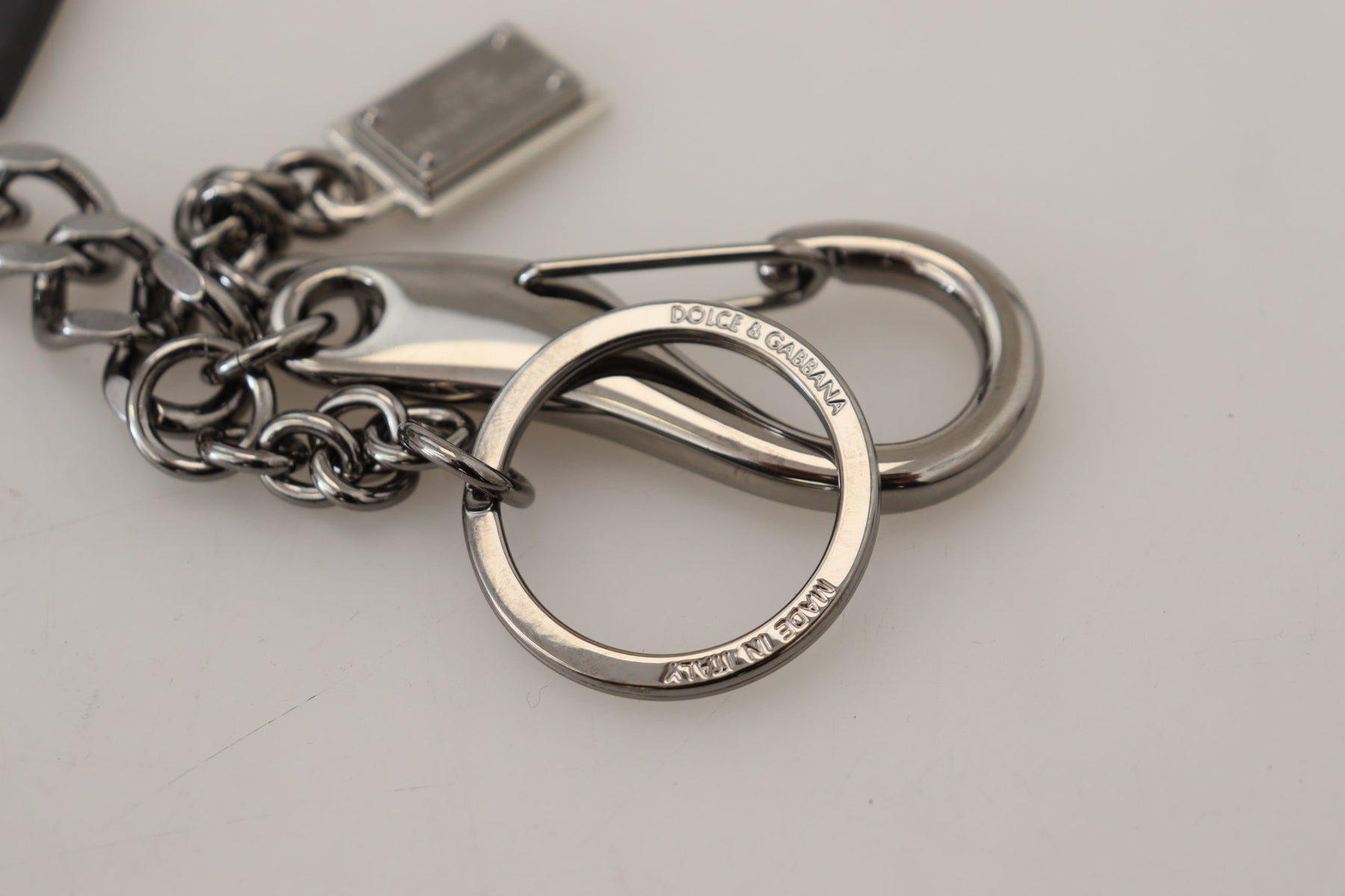 Dolce & Gabbana Black Prince Studs Logo Silver Brass Keychain | Regal Royce