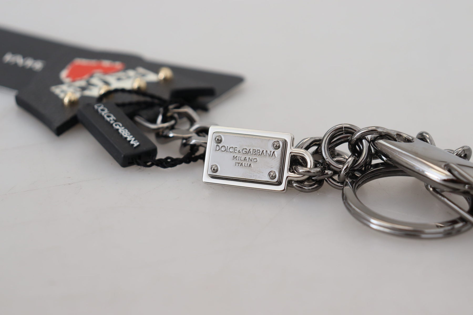 Dolce & Gabbana Black Prince Studs Logo Silver Brass Keychain | Regal Royce
