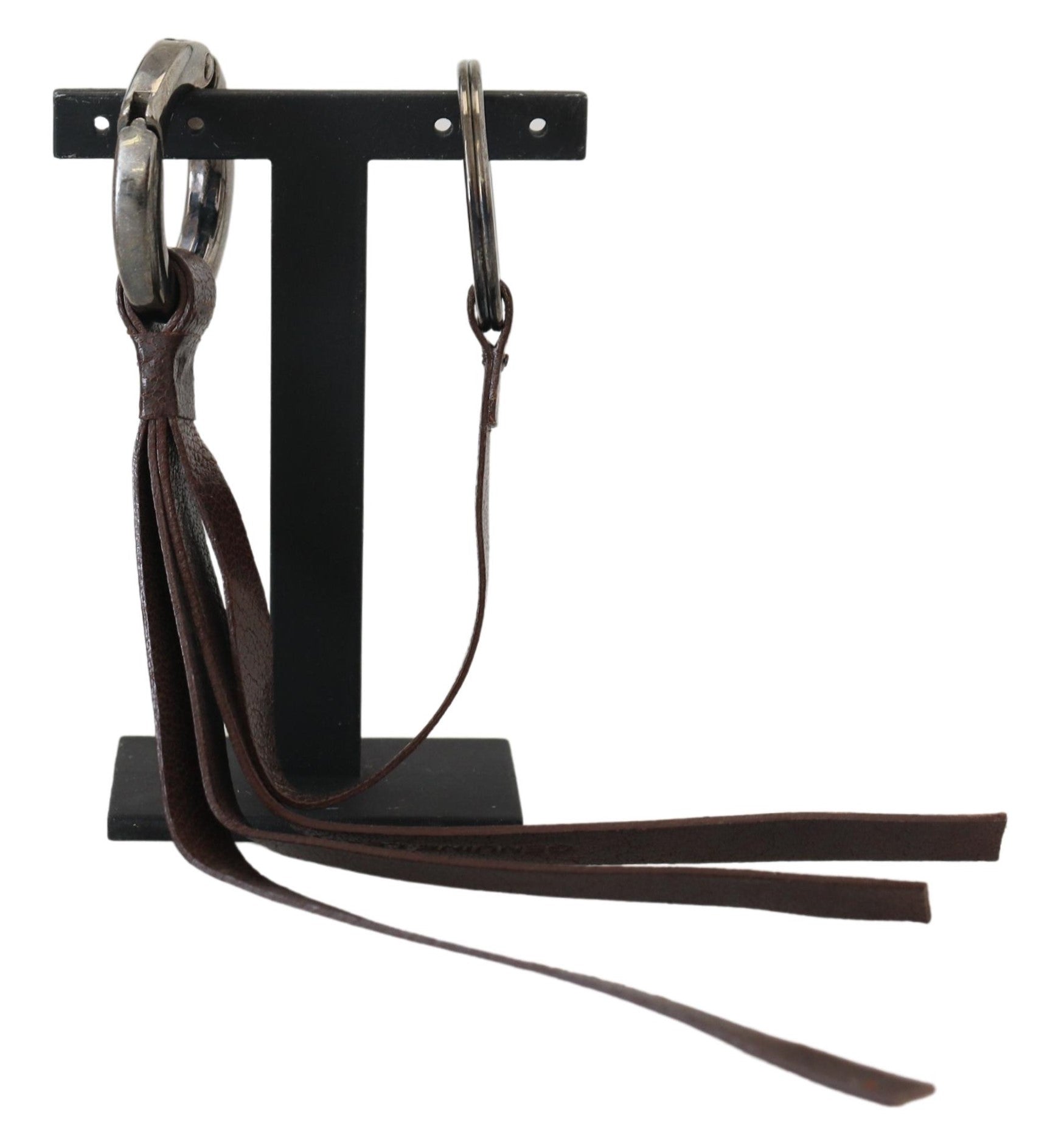 Costume National Brown Leather Silver Tone Metal Keyring Keychain | Regal Royce