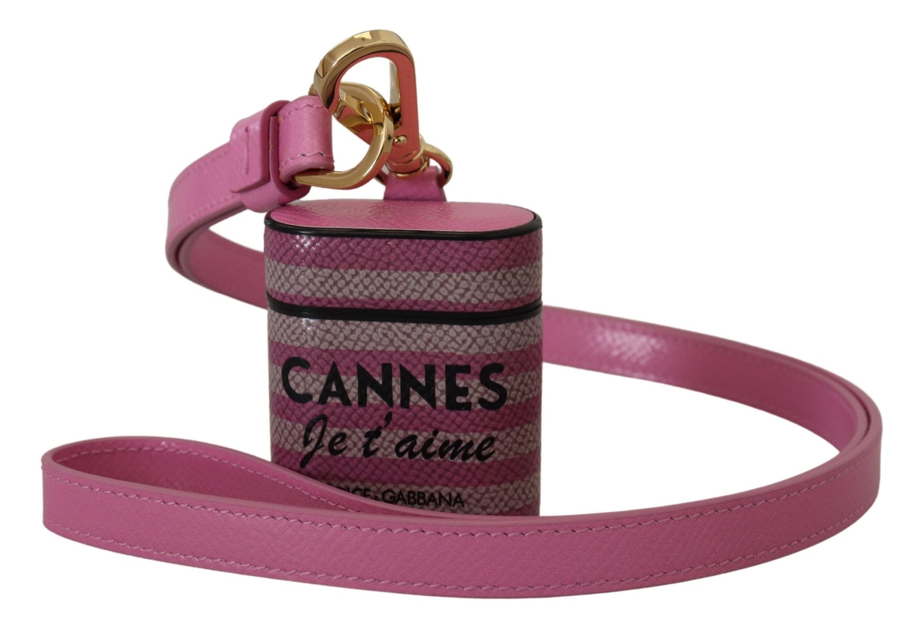 Dolce & Gabbana Pink Black Leather Strap Gold Metal Logo Airpods Case | Regal Royce