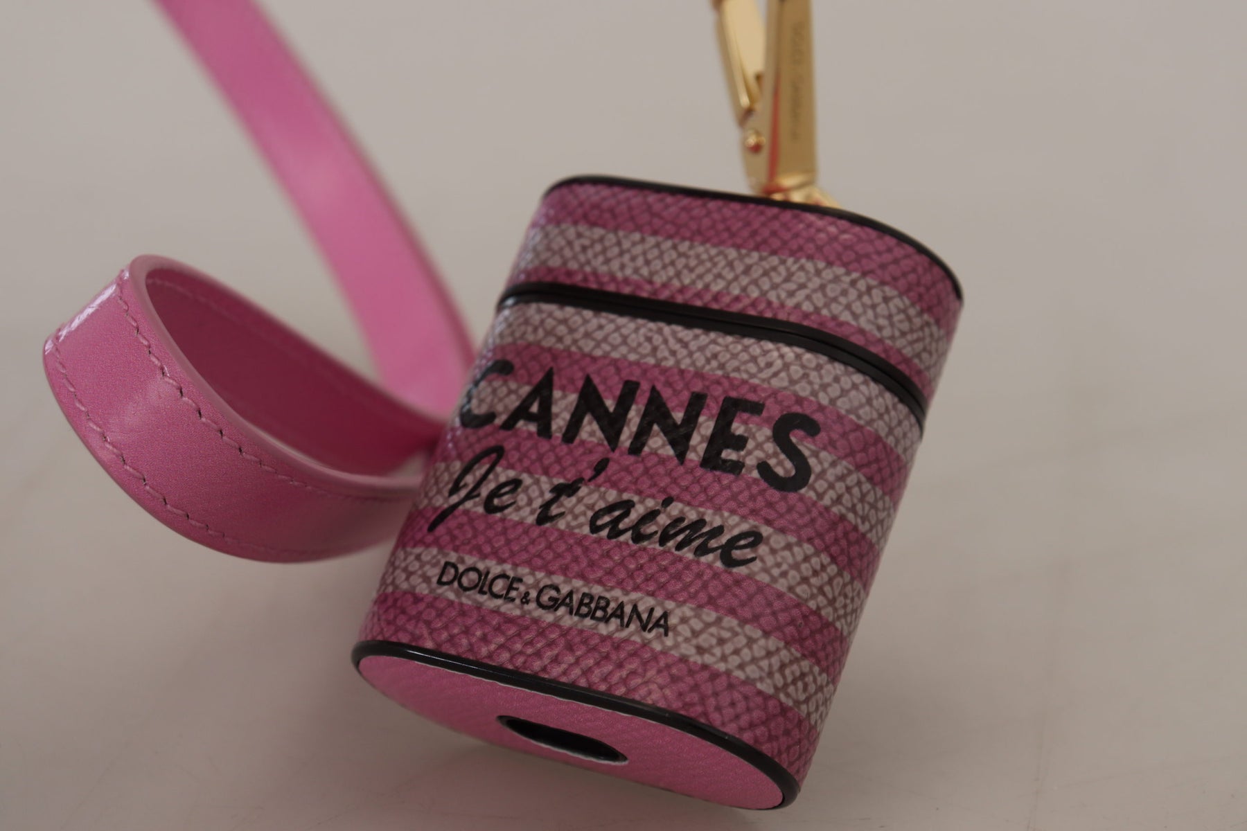 Dolce & Gabbana Pink Black Leather Strap Gold Metal Logo Airpods Case | Regal Royce