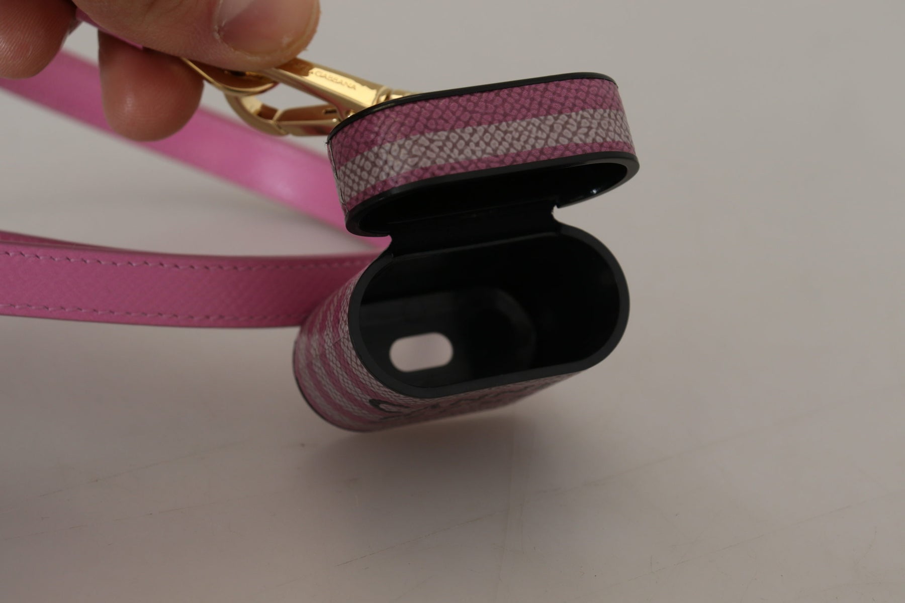 Dolce & Gabbana Pink Black Leather Strap Gold Metal Logo Airpods Case | Regal Royce