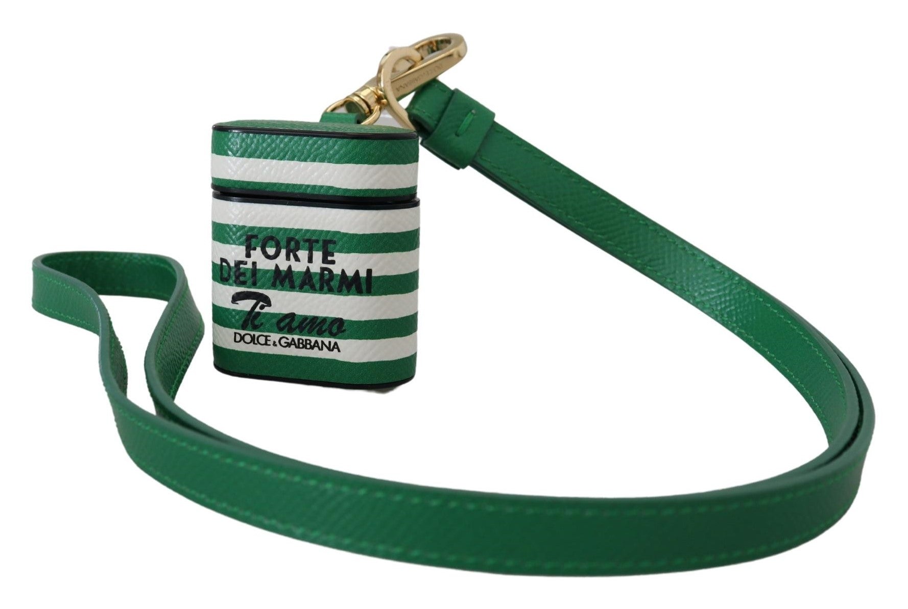 Dolce & Gabbana Green Leather Strap Gold Metal Logo Airpods Case | Regal Royce