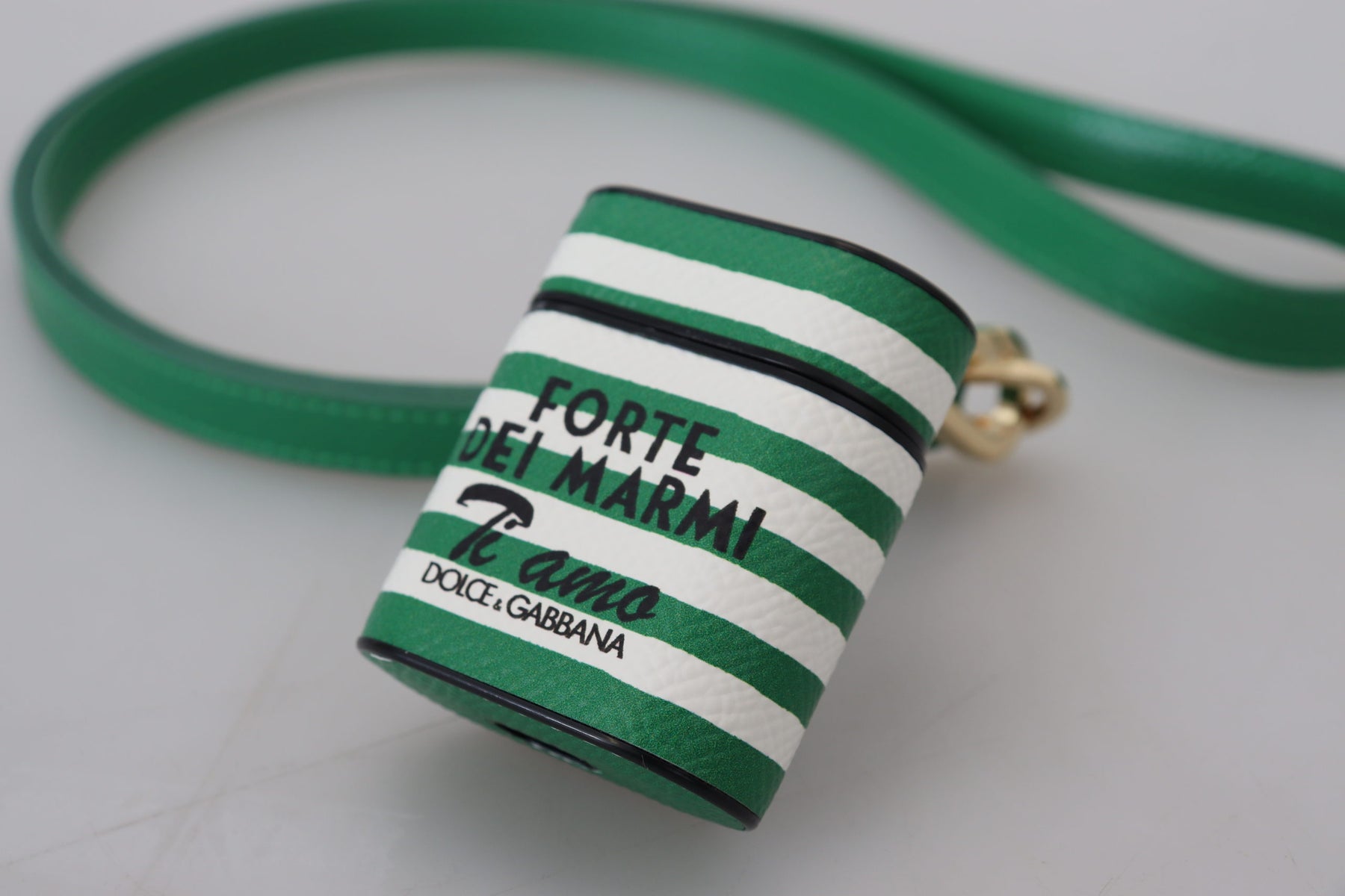 Dolce & Gabbana Green Leather Strap Gold Metal Logo Airpods Case | Regal Royce