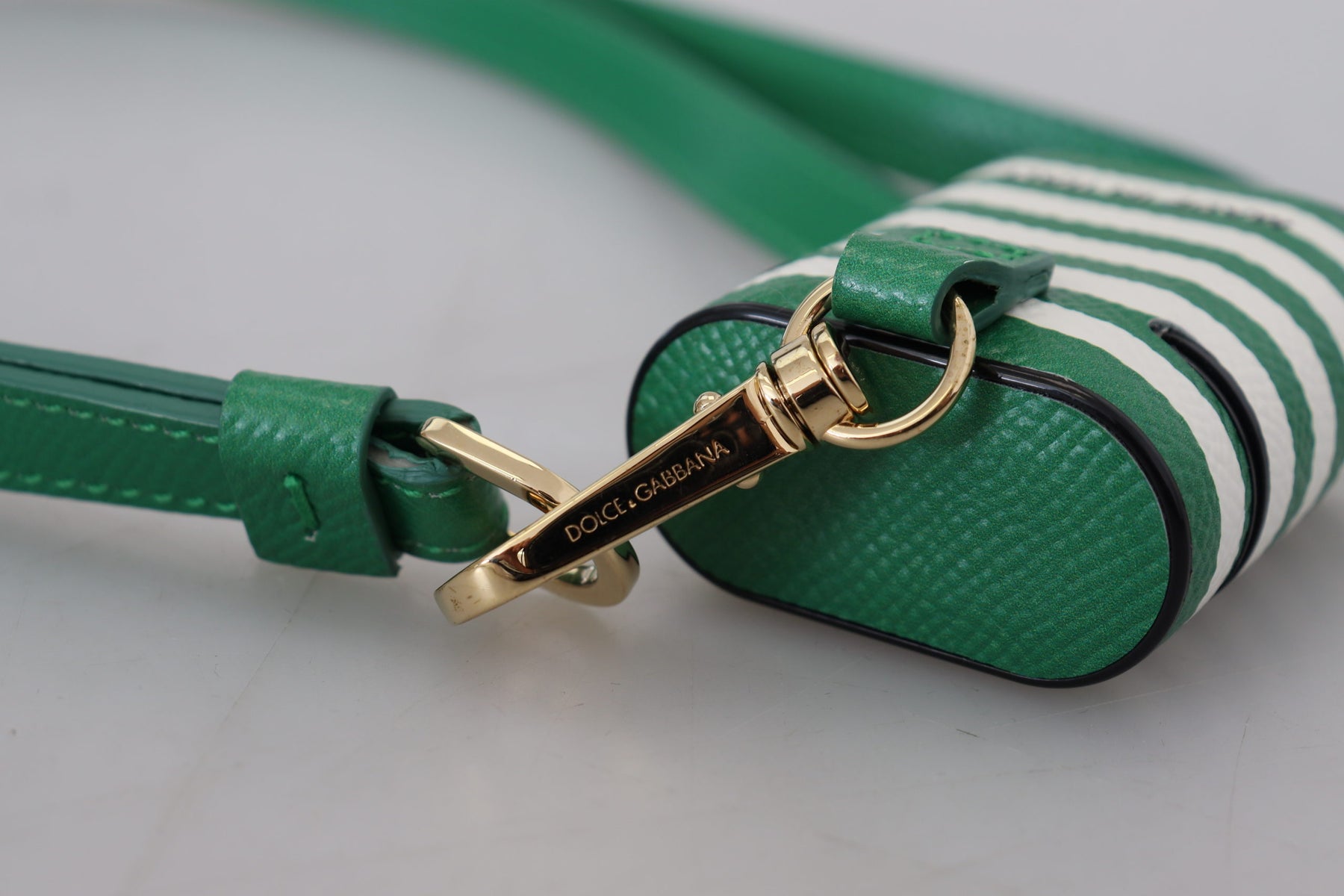 Dolce & Gabbana Green Leather Strap Gold Metal Logo Airpods Case | Regal Royce
