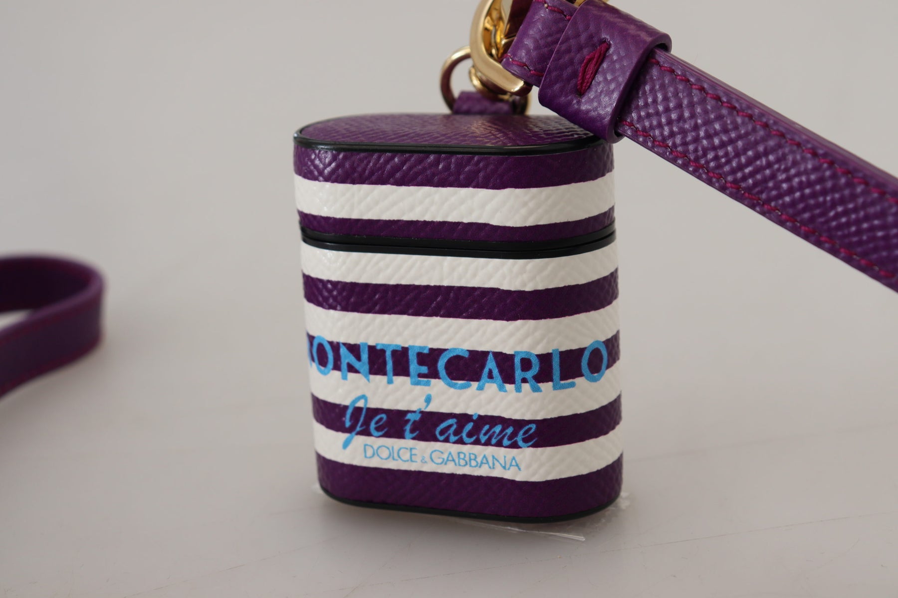 Dolce & Gabbana Purple Leather Strap Gold Metal Logo Airpods Case | Regal Royce