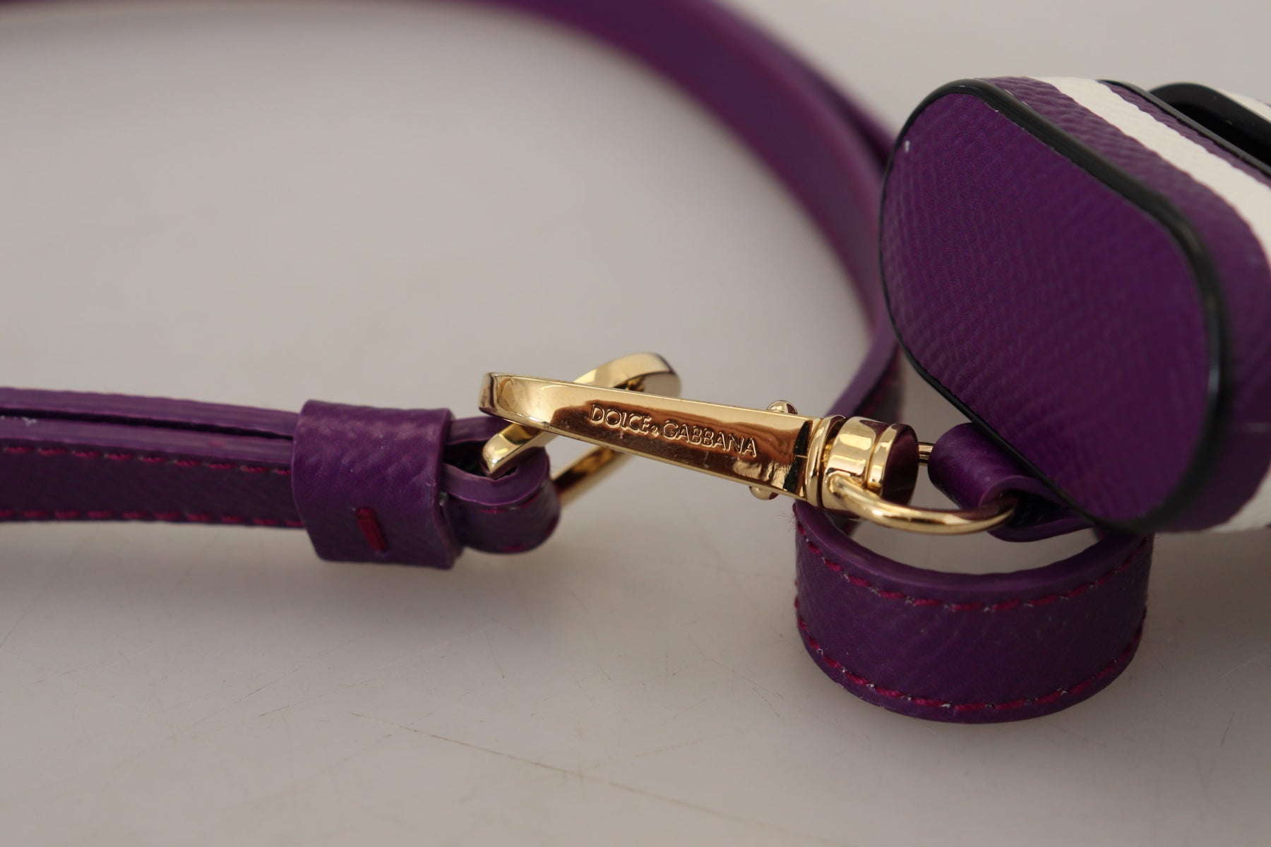 Dolce & Gabbana Purple Leather Strap Gold Metal Logo Airpods Case | Regal Royce