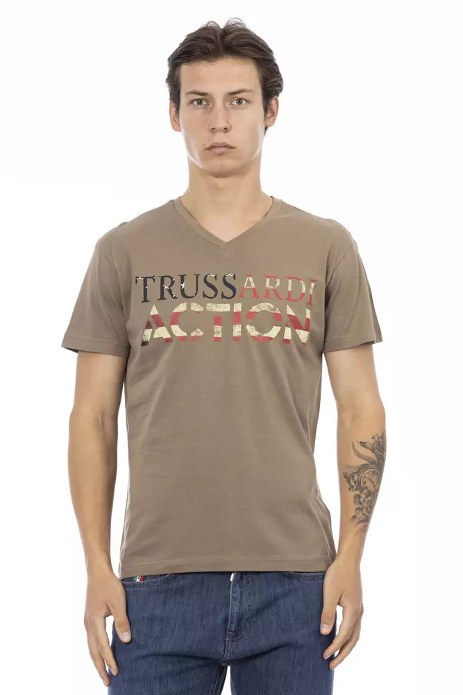 Trussardi Action Brown Cotton Men's V-Neck T-Shirt | Regal Royce