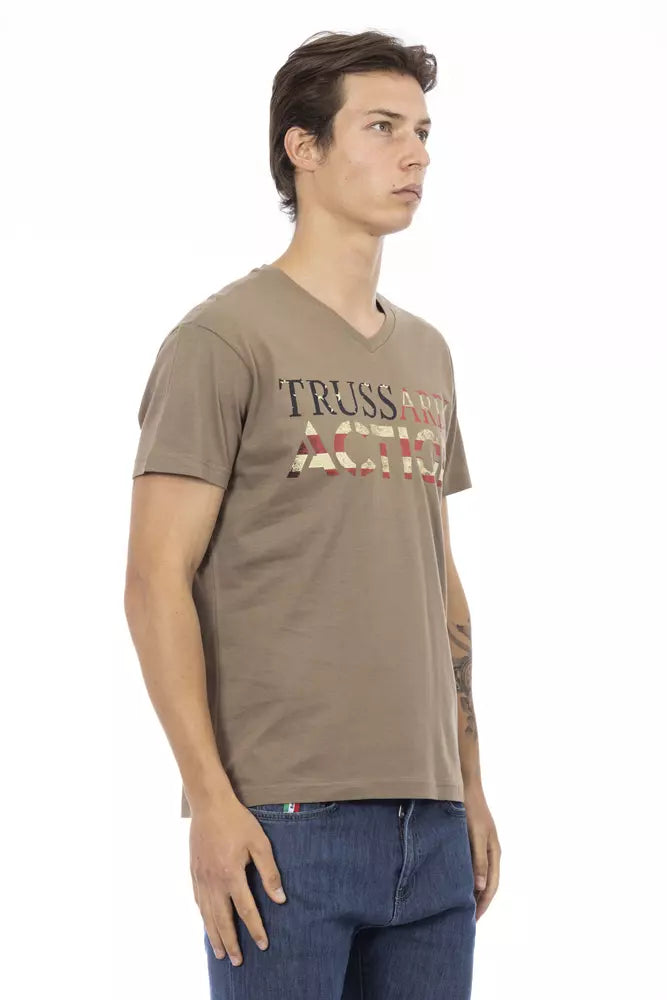 Trussardi Action Brown Cotton Men's V-Neck T-Shirt | Regal Royce