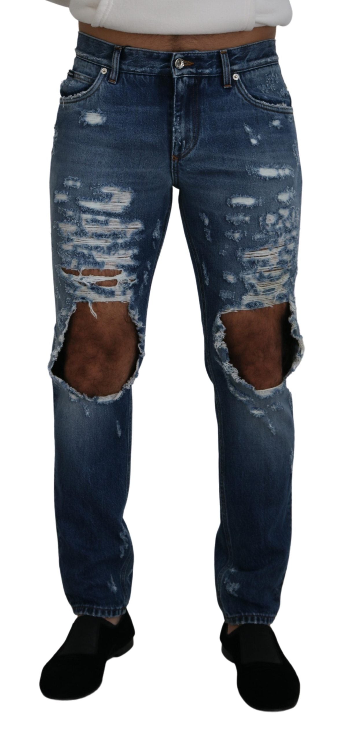 Dolce & Gabbana Blue Cotton Tattered Men Denim Jeans | Regal Royce