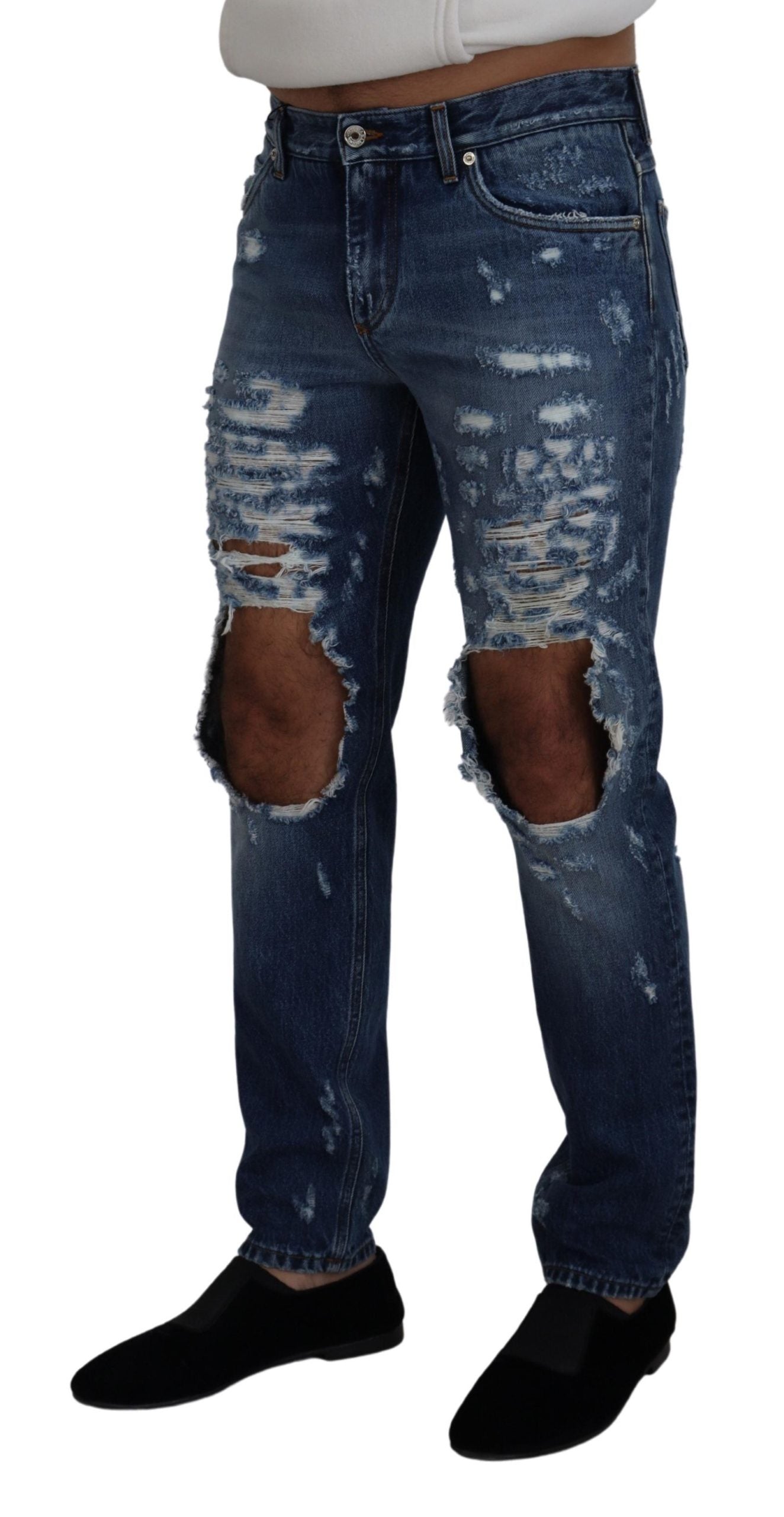 Dolce & Gabbana Blue Cotton Tattered Men Denim Jeans | Regal Royce