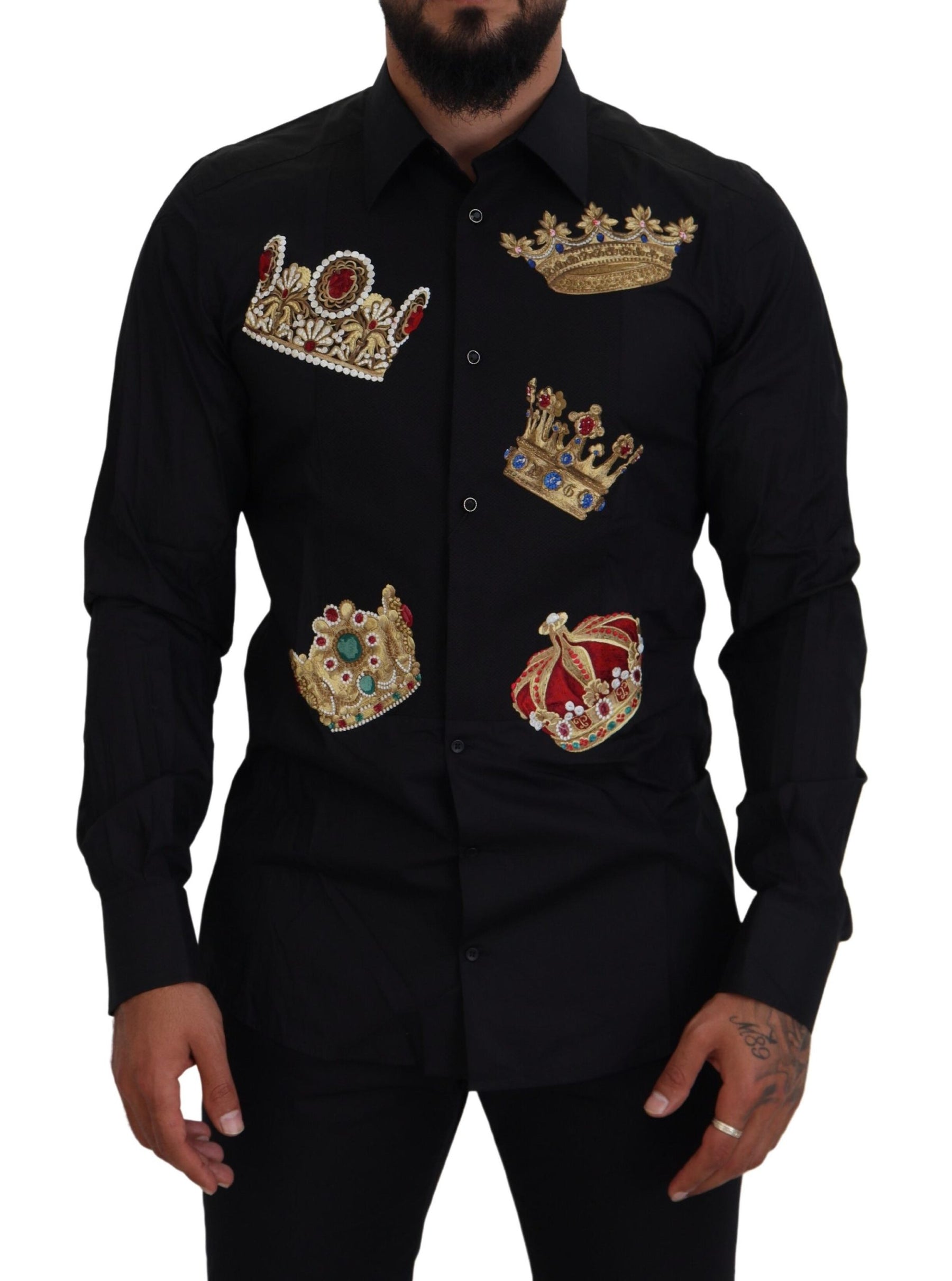Dolce & Gabbana Black Gold Crown Slim Fit Dress Formal Shirt | Regal Royce