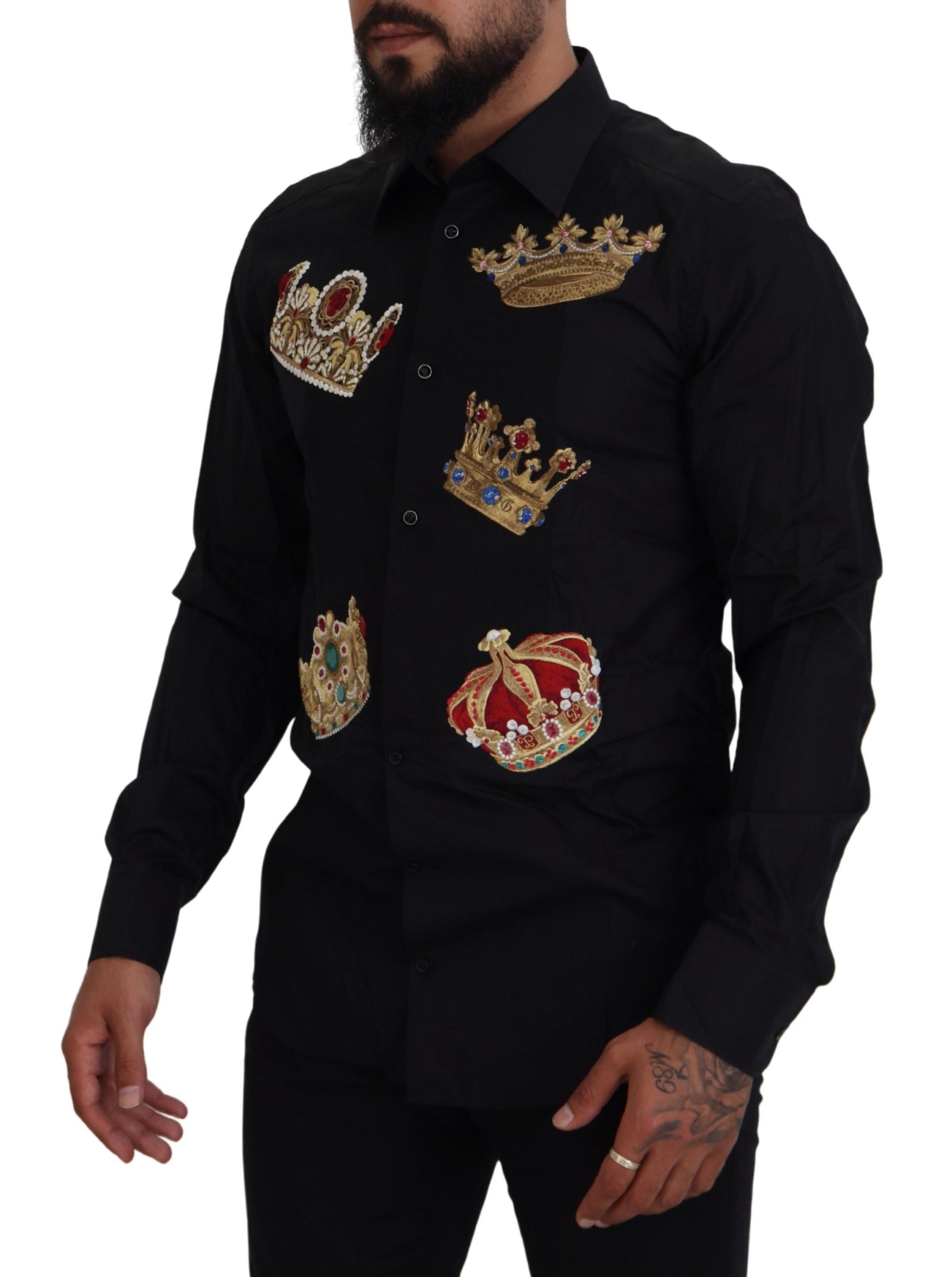 Dolce & Gabbana Black Gold Crown Slim Fit Dress Formal Shirt | Regal Royce