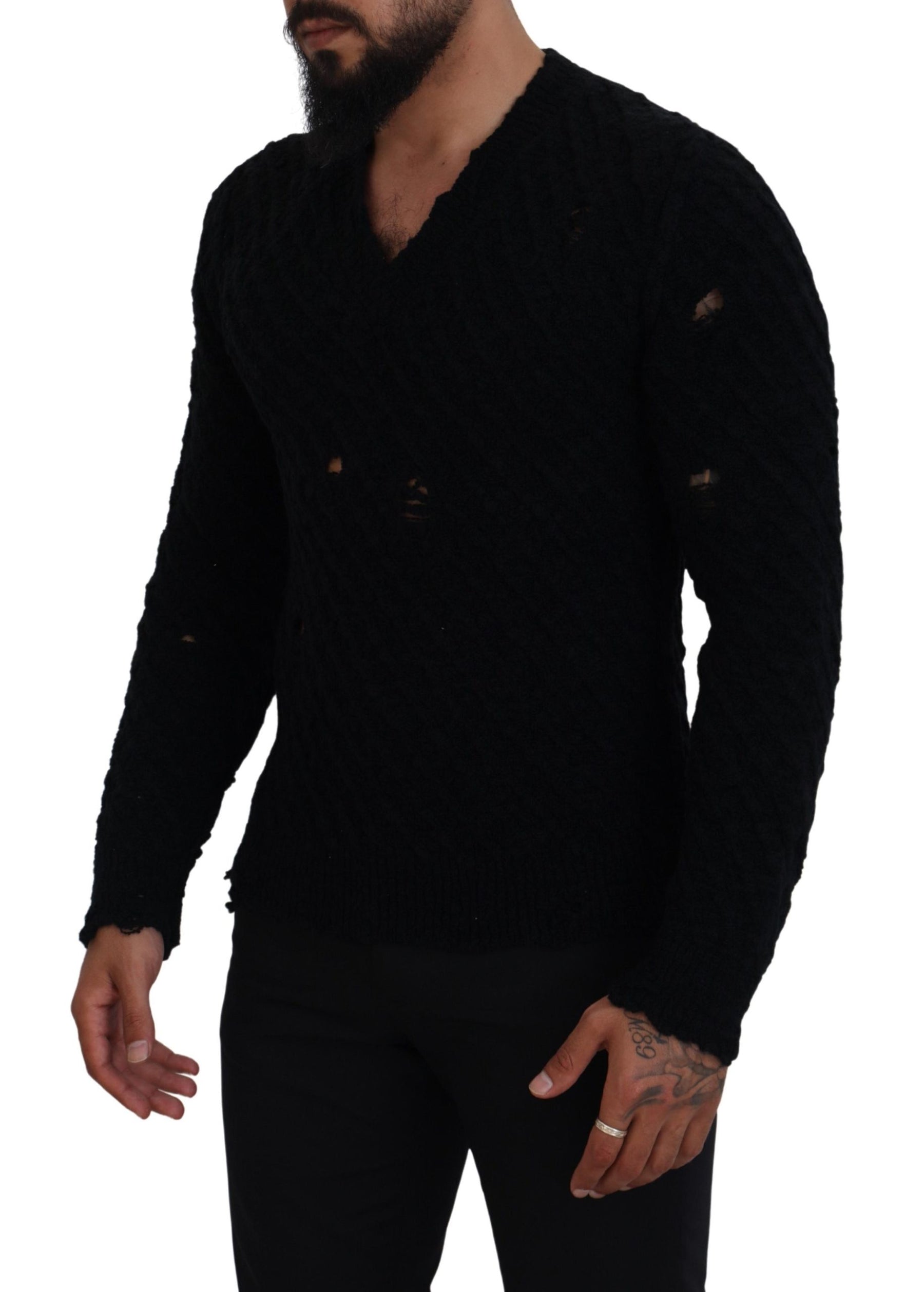 Dolce & Gabbana Black Wool V-neck Knitted Pullover Sweater | Regal Royce