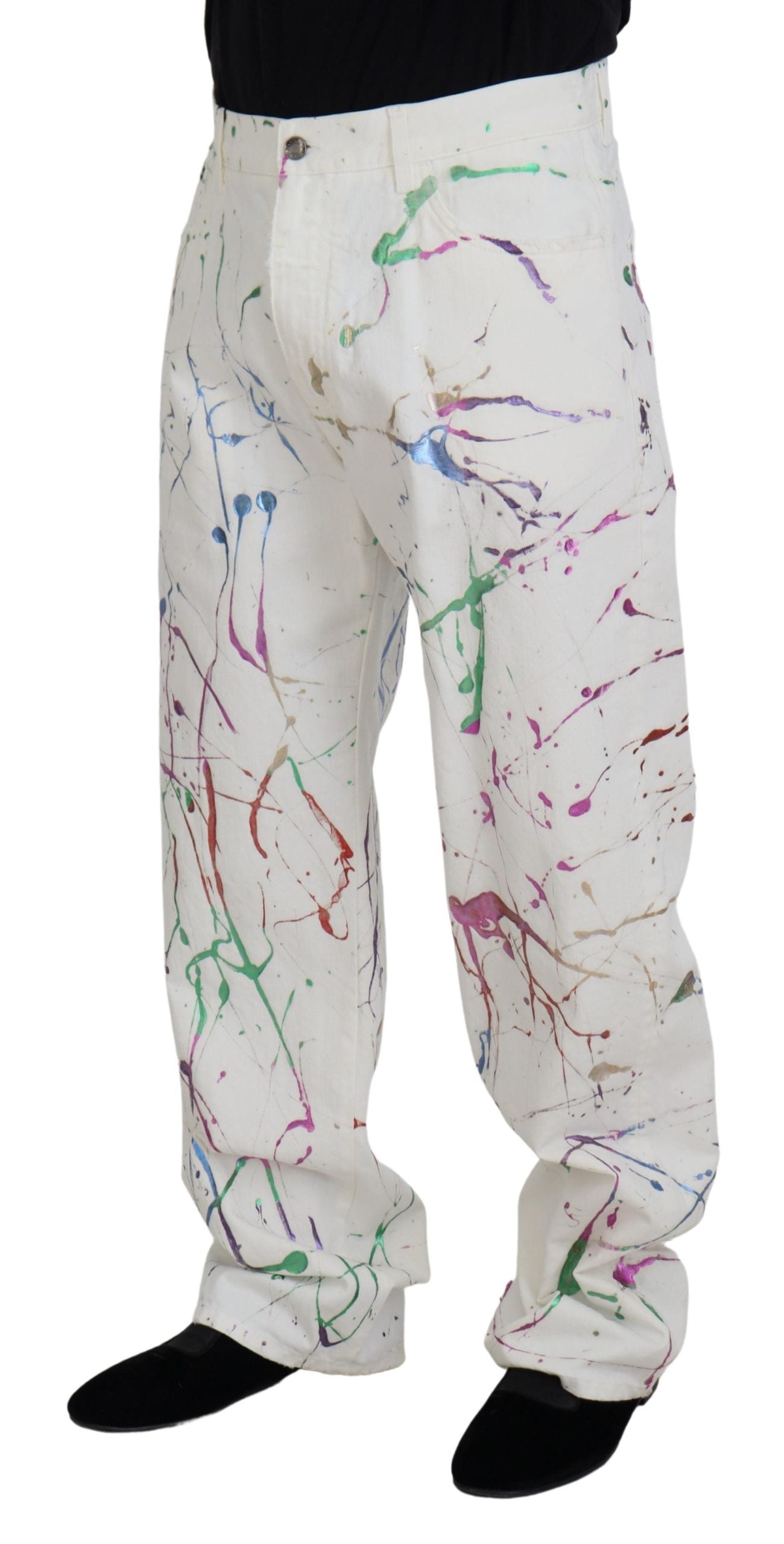 Dolce & Gabbana White Cotton Color Splash Print Denim Pants | Regal Royce