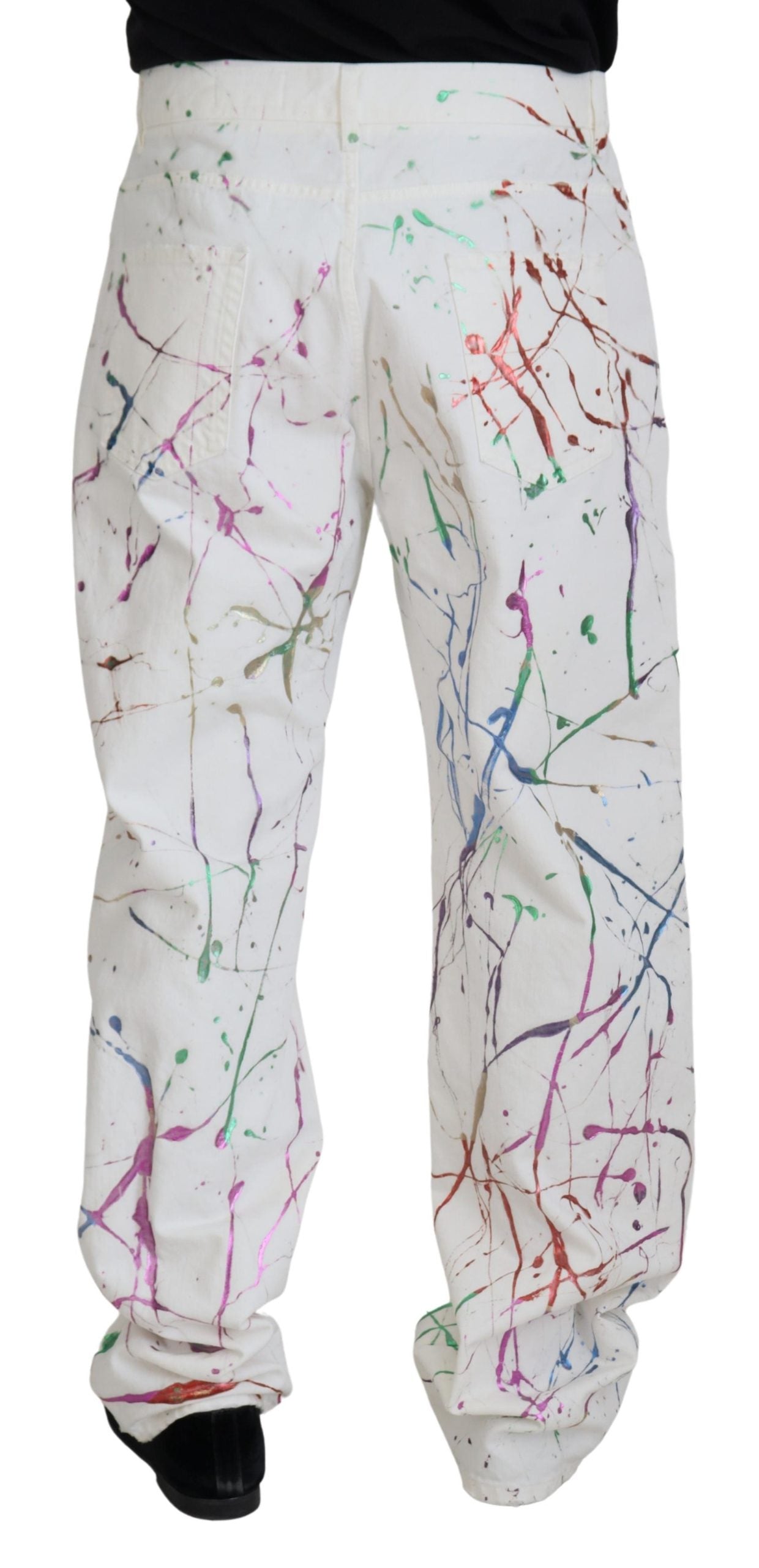 Dolce & Gabbana White Cotton Color Splash Print Denim Pants | Regal Royce