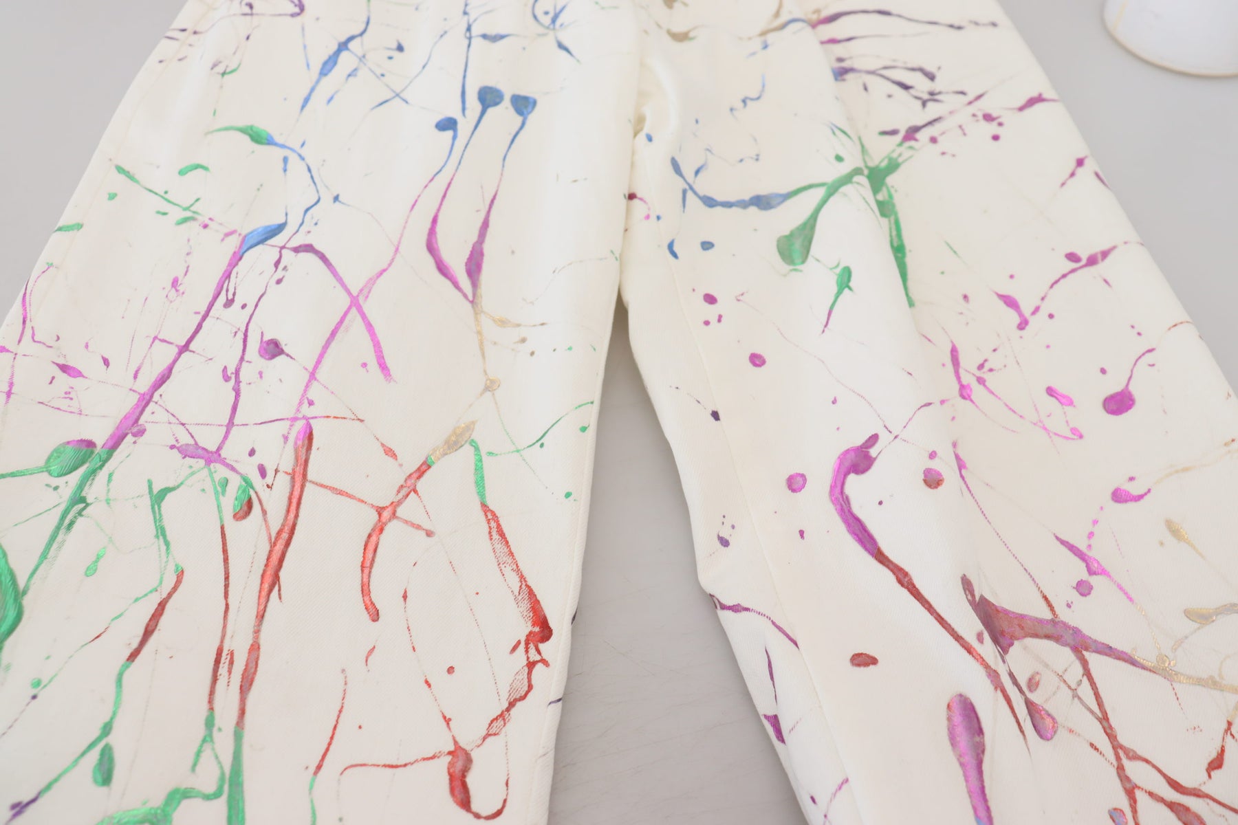 Dolce & Gabbana White Cotton Color Splash Print Denim Pants | Regal Royce