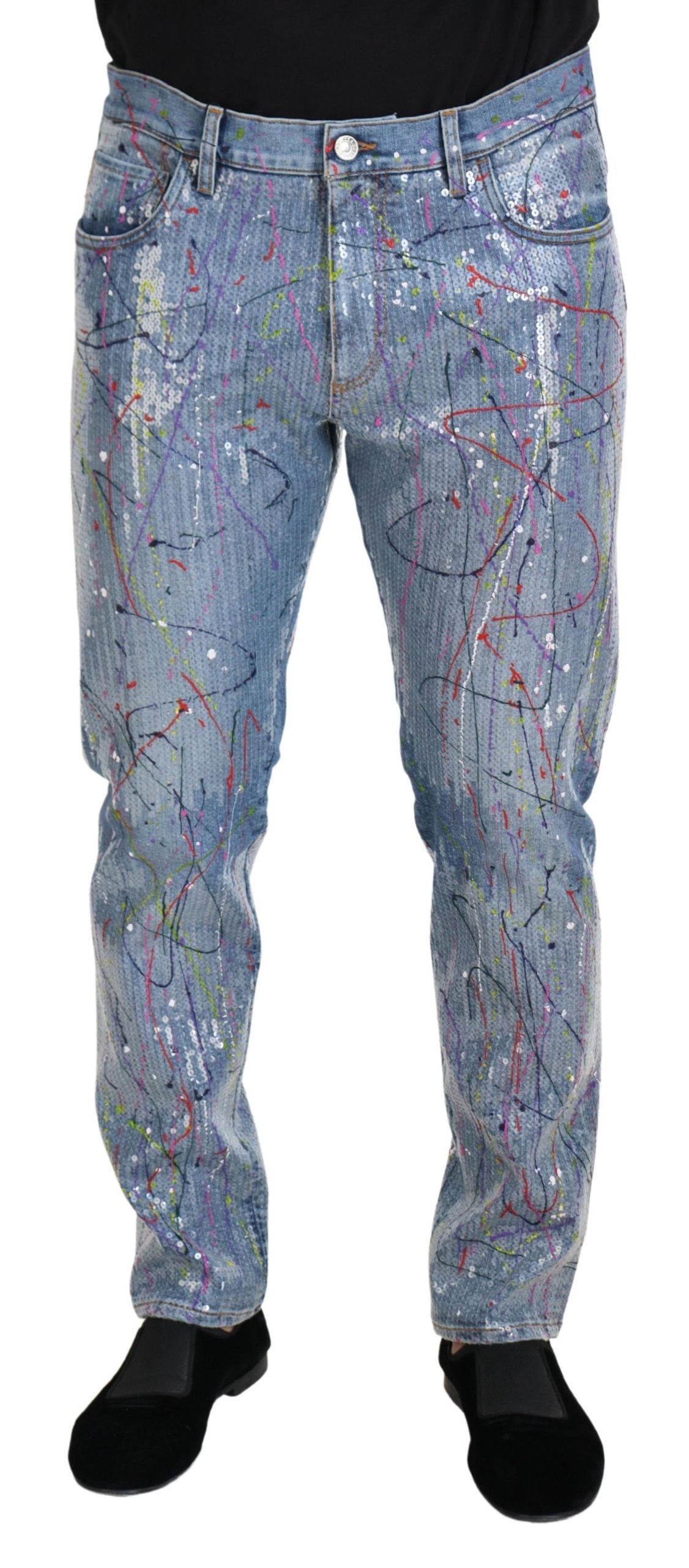 Dolce & Gabbana Blue Cotton Color Splash Print Denim Jeans | Regal Royce