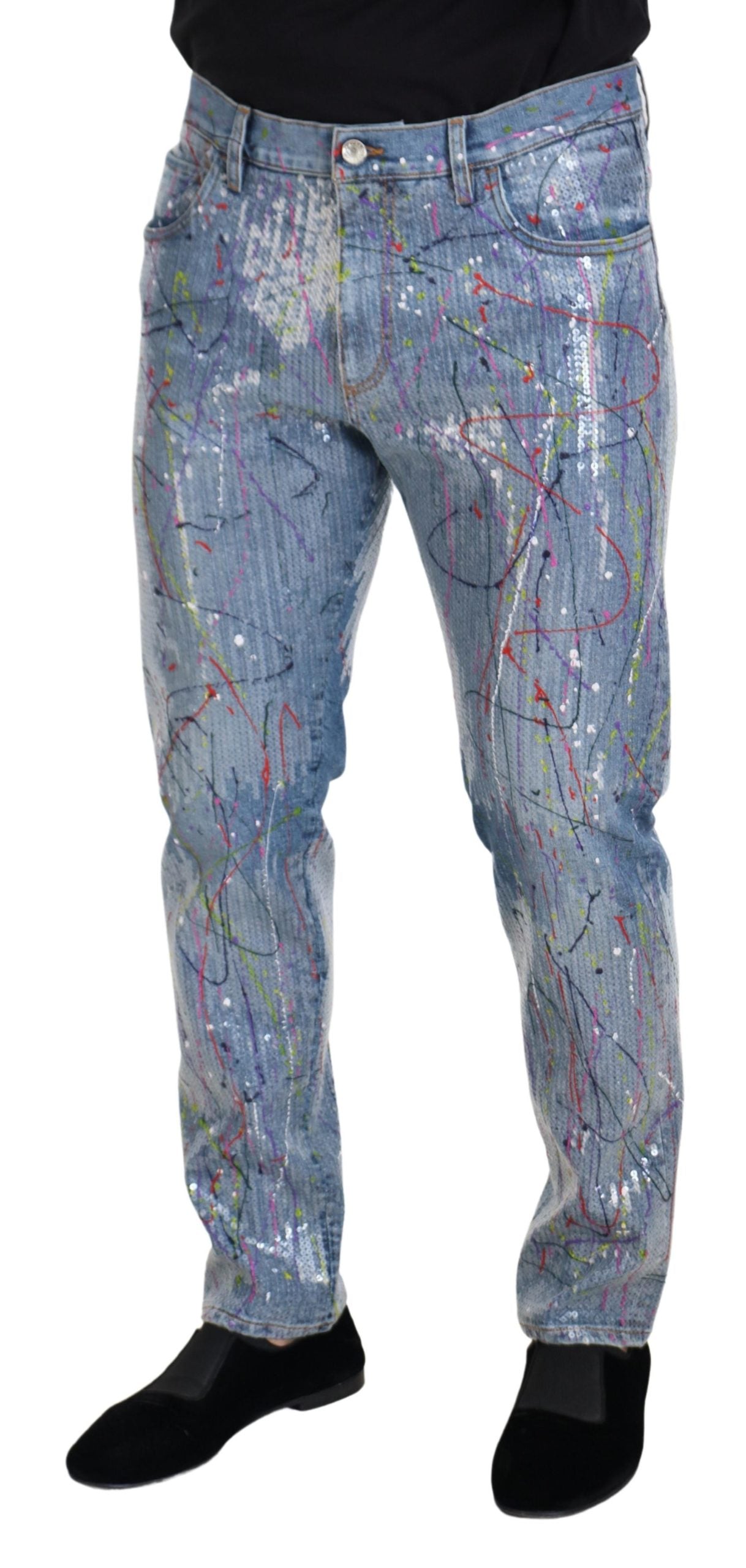 Dolce & Gabbana Blue Cotton Color Splash Print Denim Jeans | Regal Royce