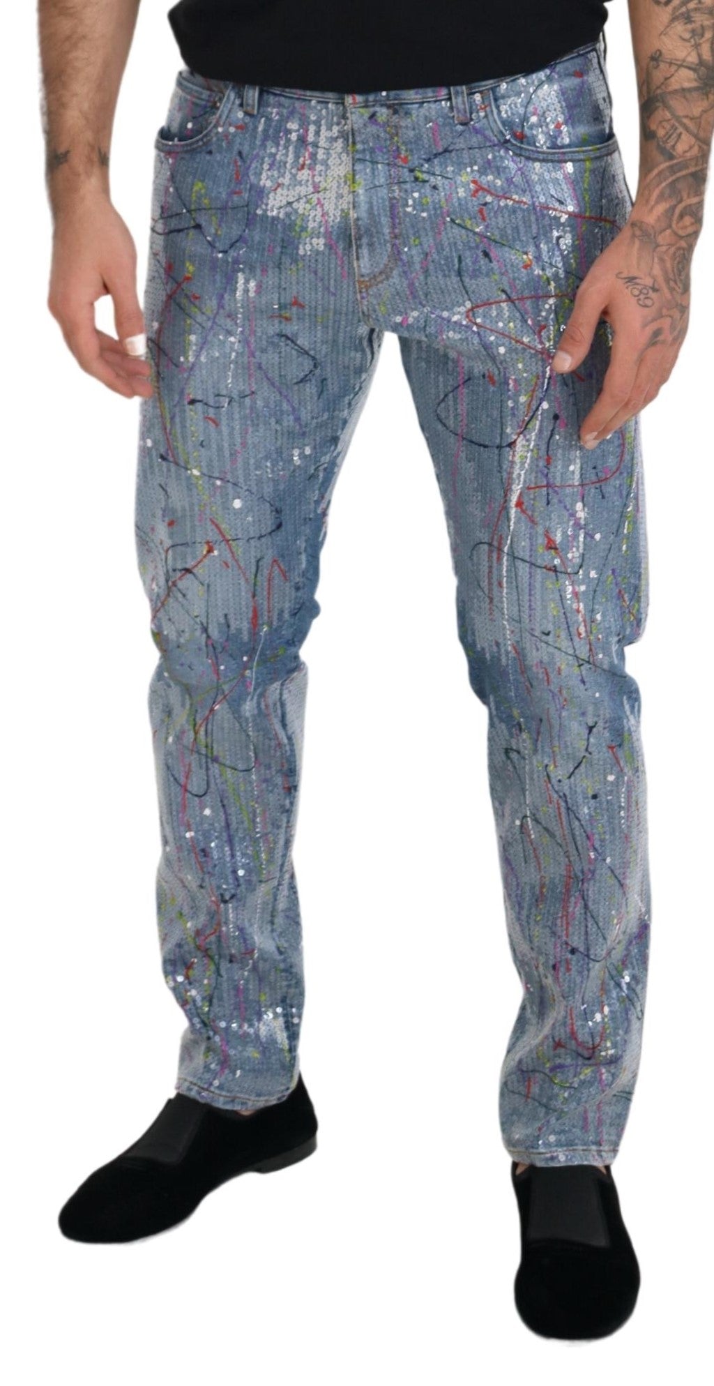Dolce & Gabbana Blue Cotton Color Splash Print Denim Jeans | Regal Royce