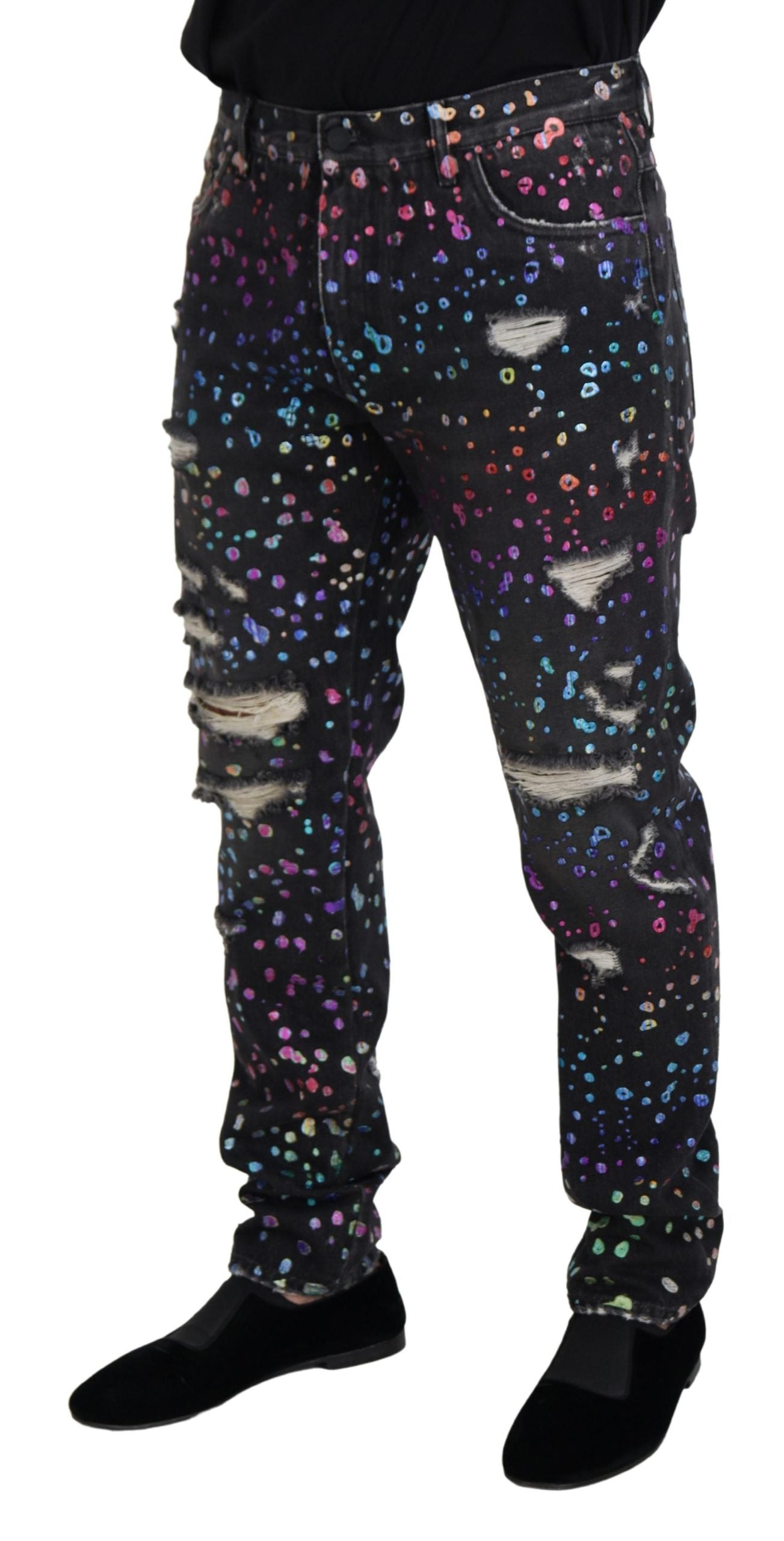 Dolce & Gabbana Black Multicolor Print Tattered Denim Jeans | Regal Royce