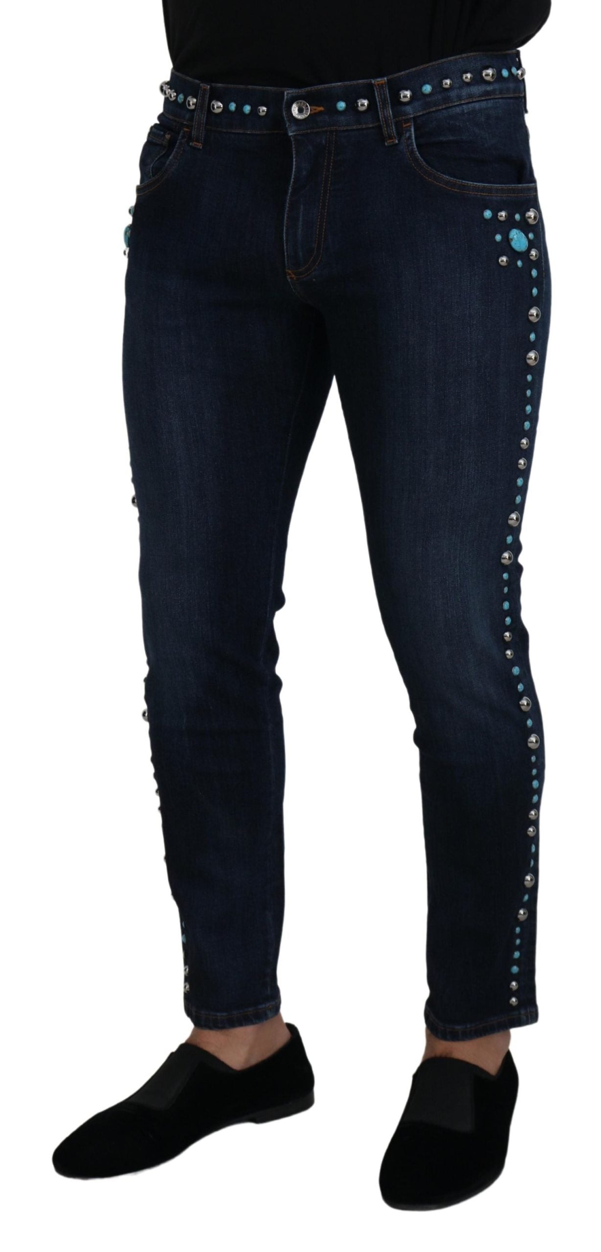 Dolce & Gabbana Blue Cotton Studded Low Waist Denim Jeans | Regal Royce