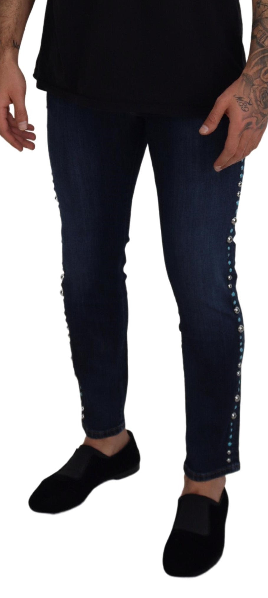 Dolce & Gabbana Blue Cotton Studded Low Waist Denim Jeans | Regal Royce