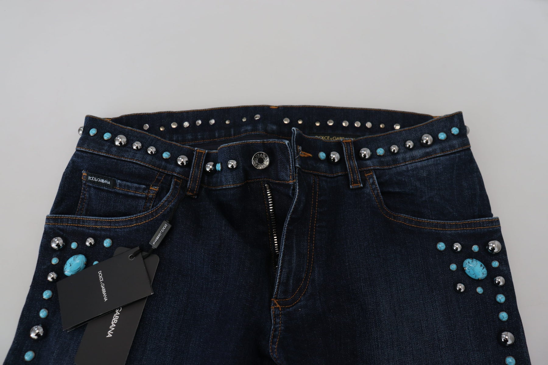 Dolce & Gabbana Blue Cotton Studded Low Waist Denim Jeans | Regal Royce