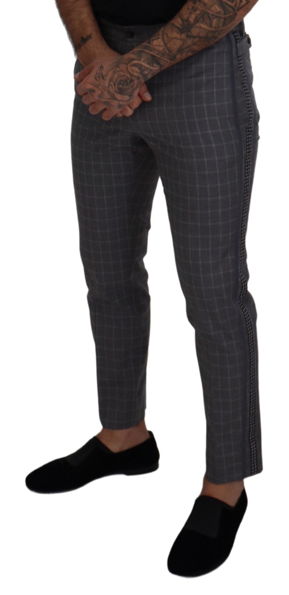 Dolce & Gabbana Grey Cotton Checkered Chino Pants | Regal Royce