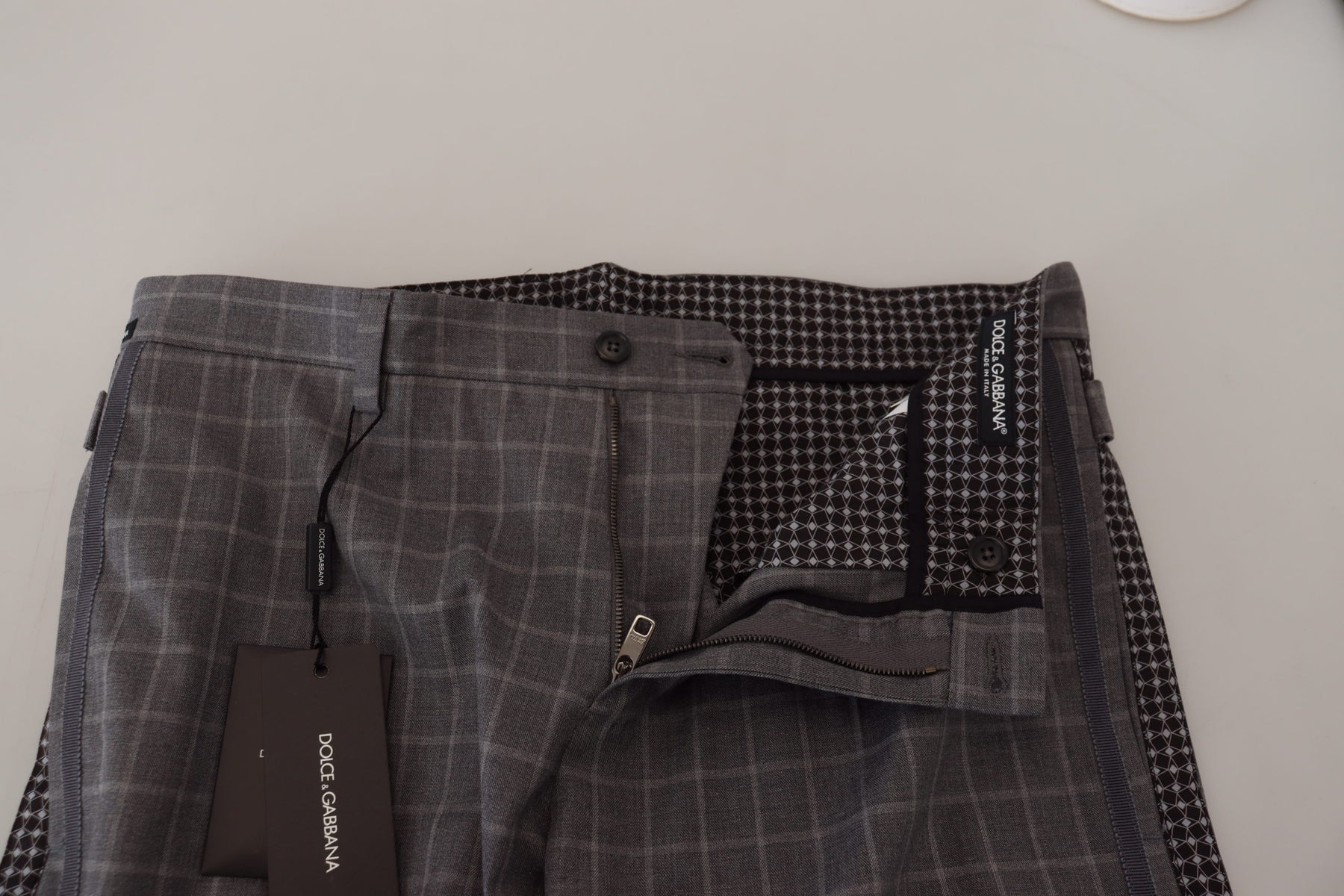 Dolce & Gabbana Grey Cotton Checkered Chino Pants | Regal Royce