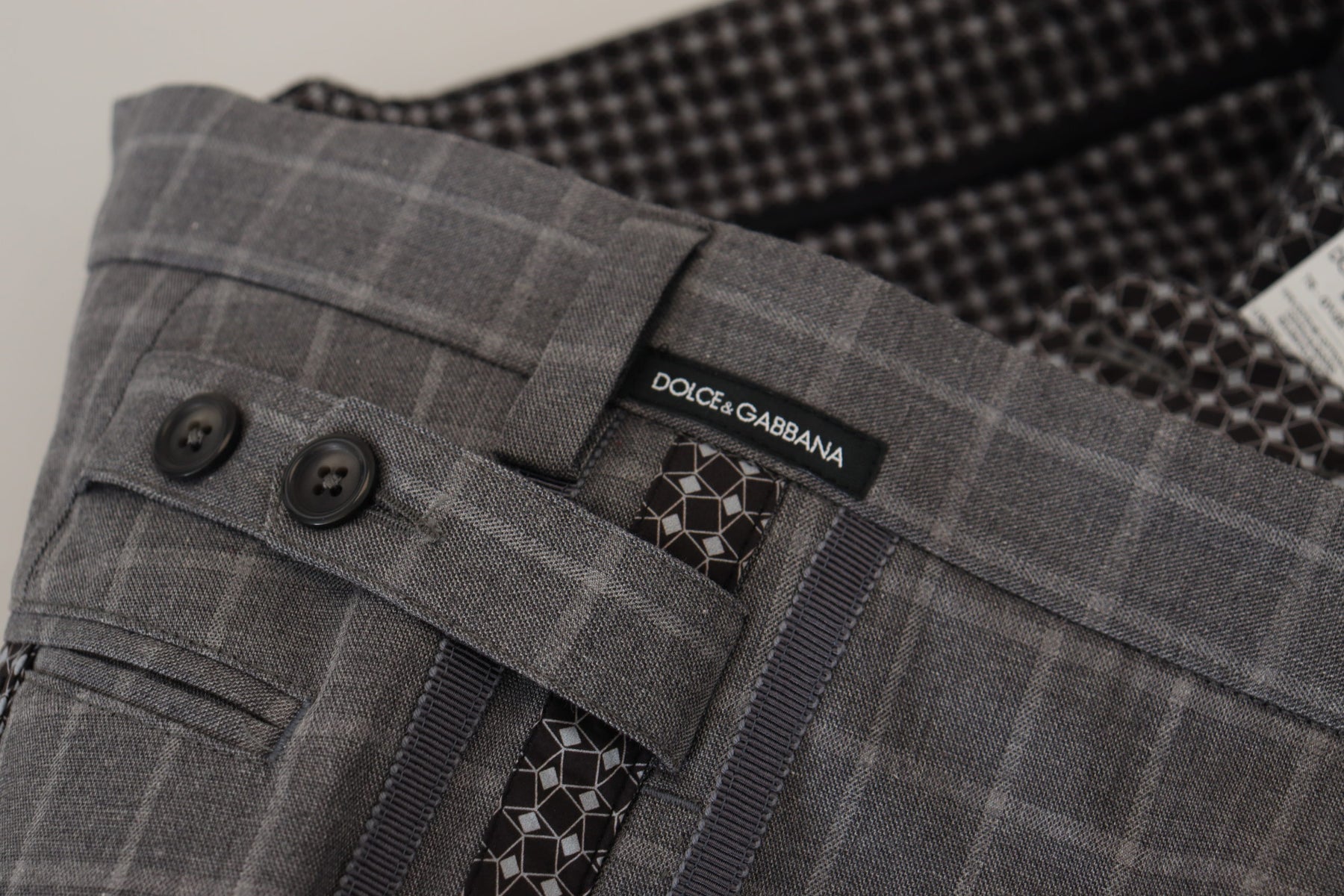 Dolce & Gabbana Grey Cotton Checkered Chino Pants | Regal Royce