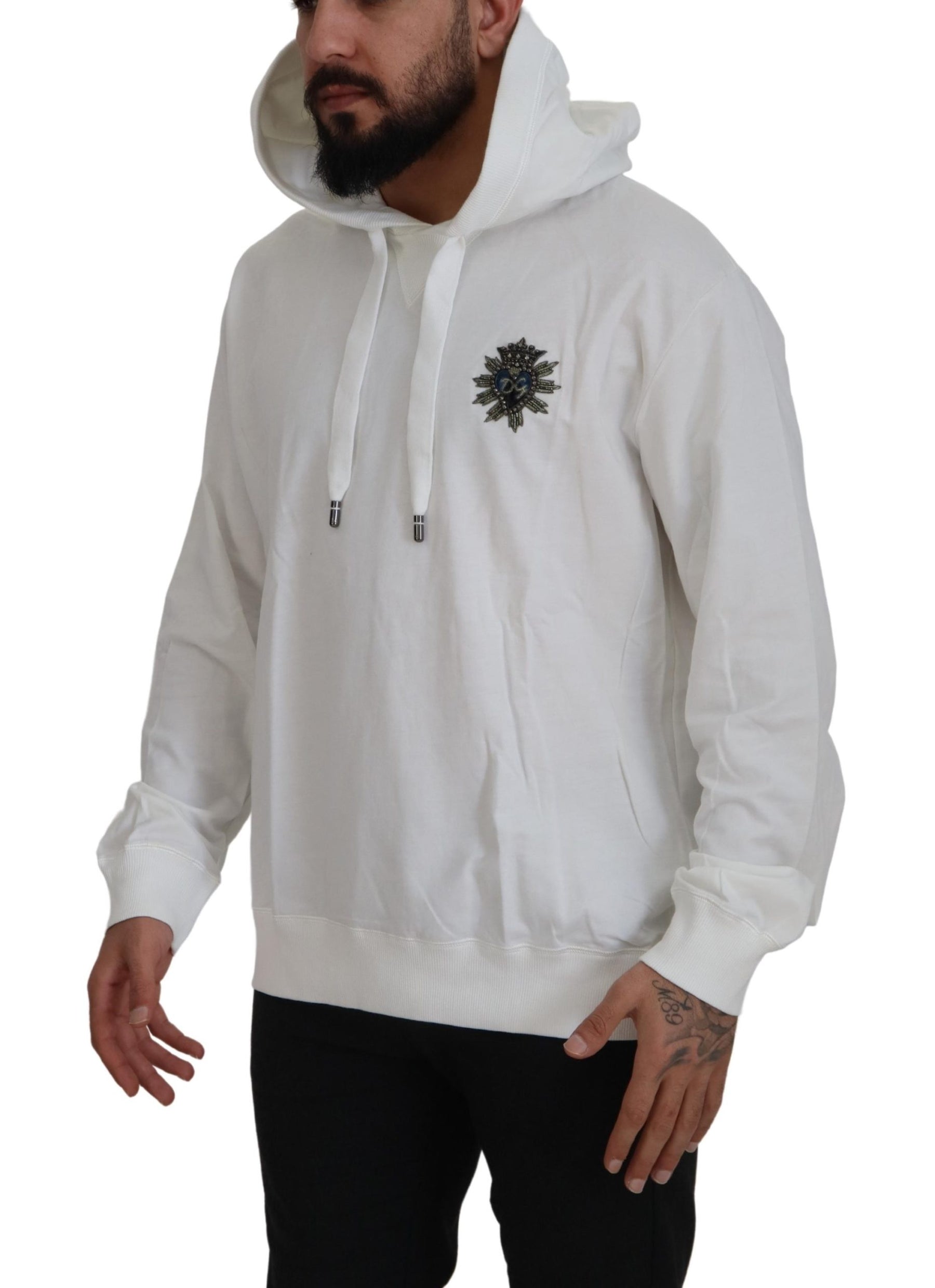 Dolce & Gabbana White Cotton Hooded Sweatshirt Sweater | Regal Royce