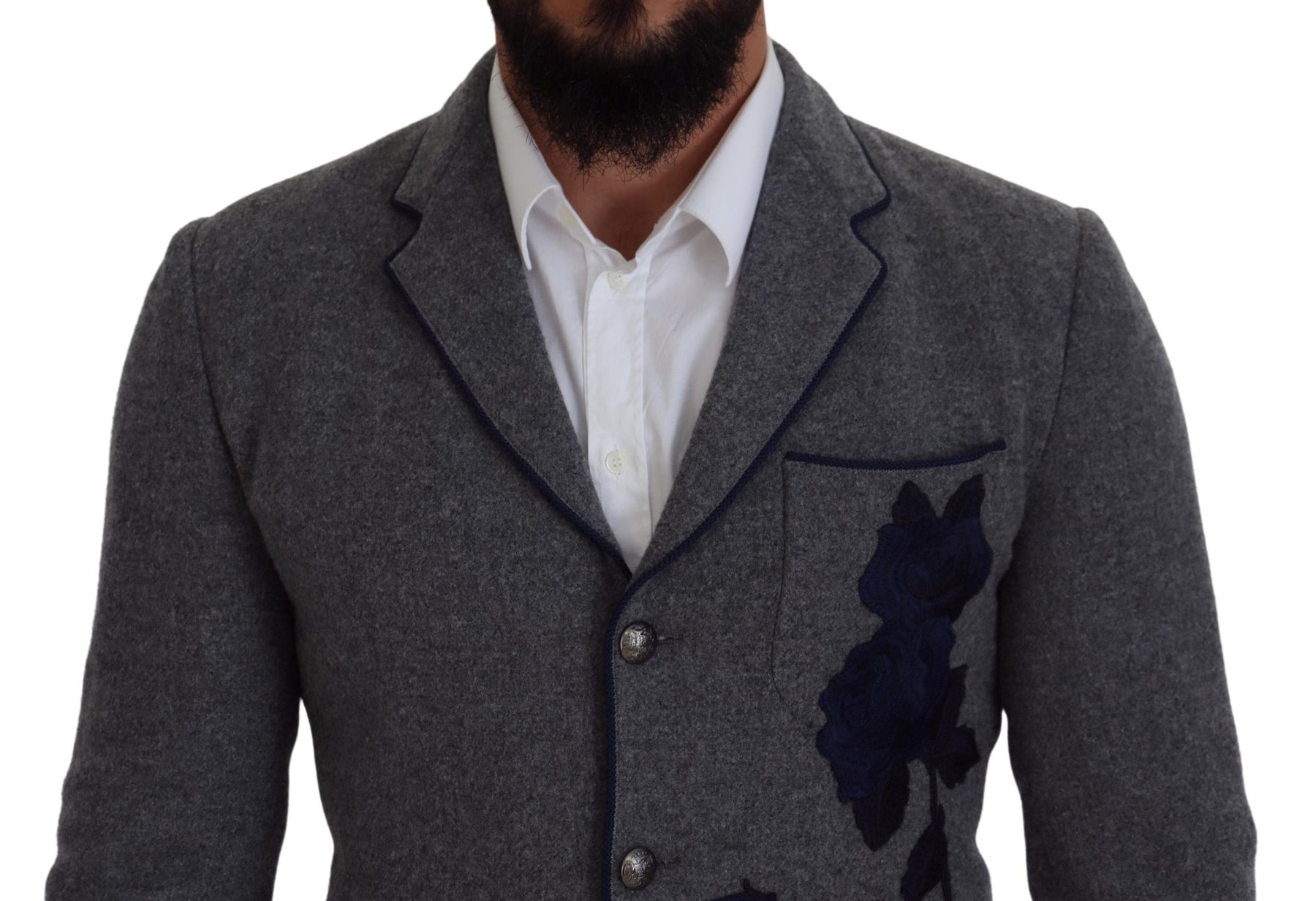 Dolce & Gabbana Gray Wool Roses Slim Fit Jacket Blazer | Regal Royce
