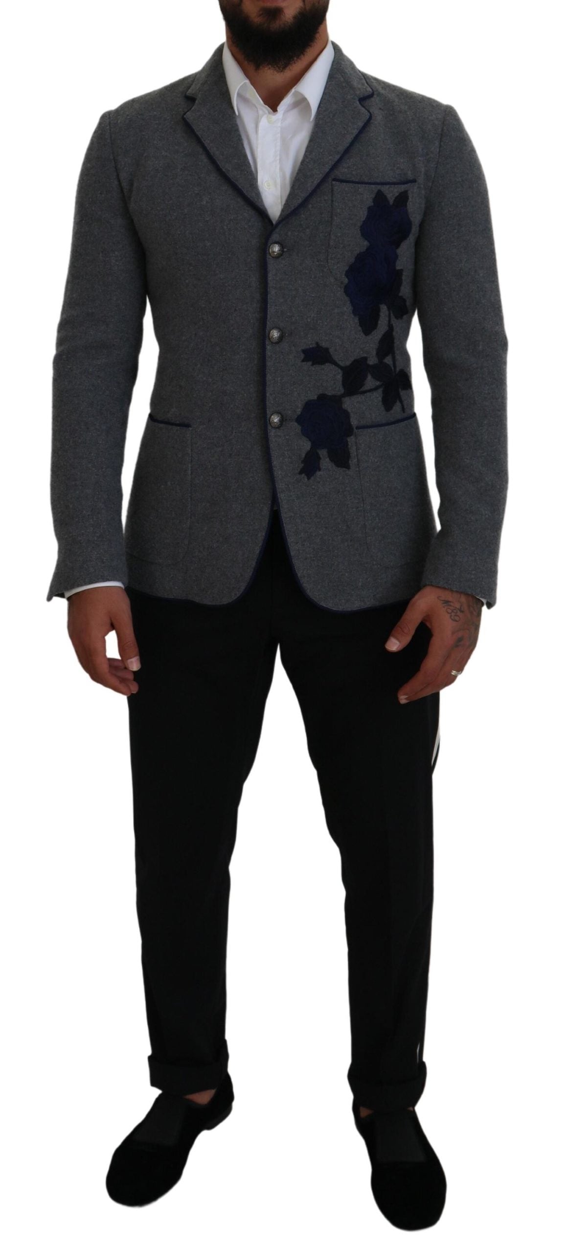 Dolce & Gabbana Gray Wool Roses Slim Fit Jacket Blazer | Regal Royce