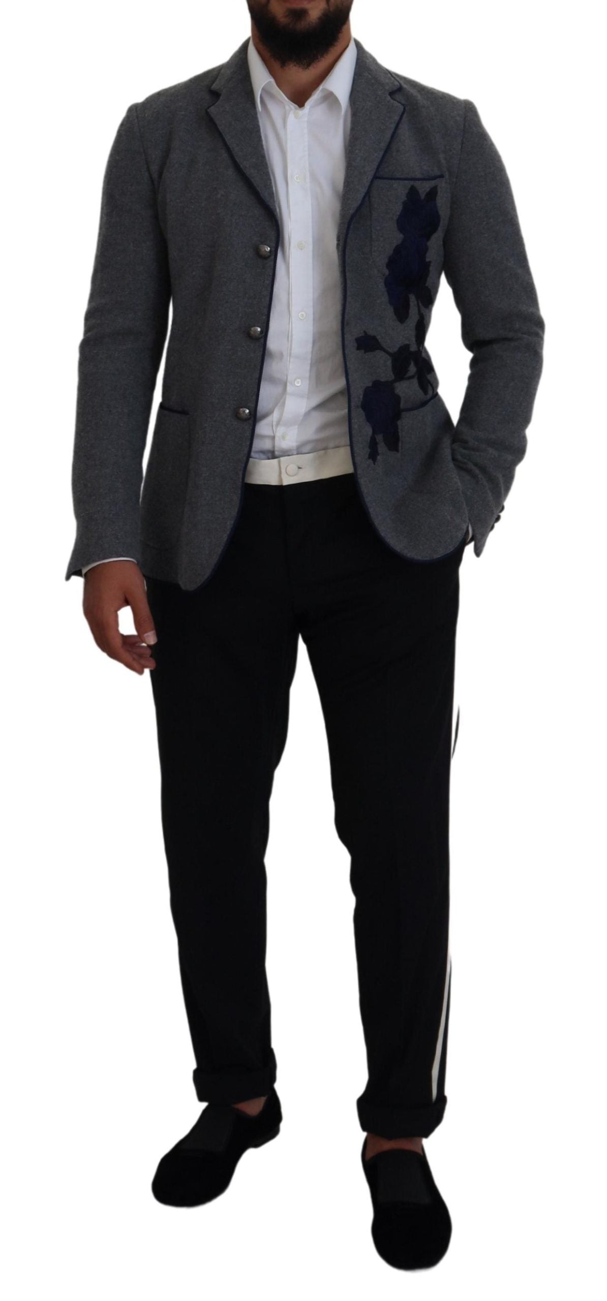 Dolce & Gabbana Gray Wool Roses Slim Fit Jacket Blazer | Regal Royce