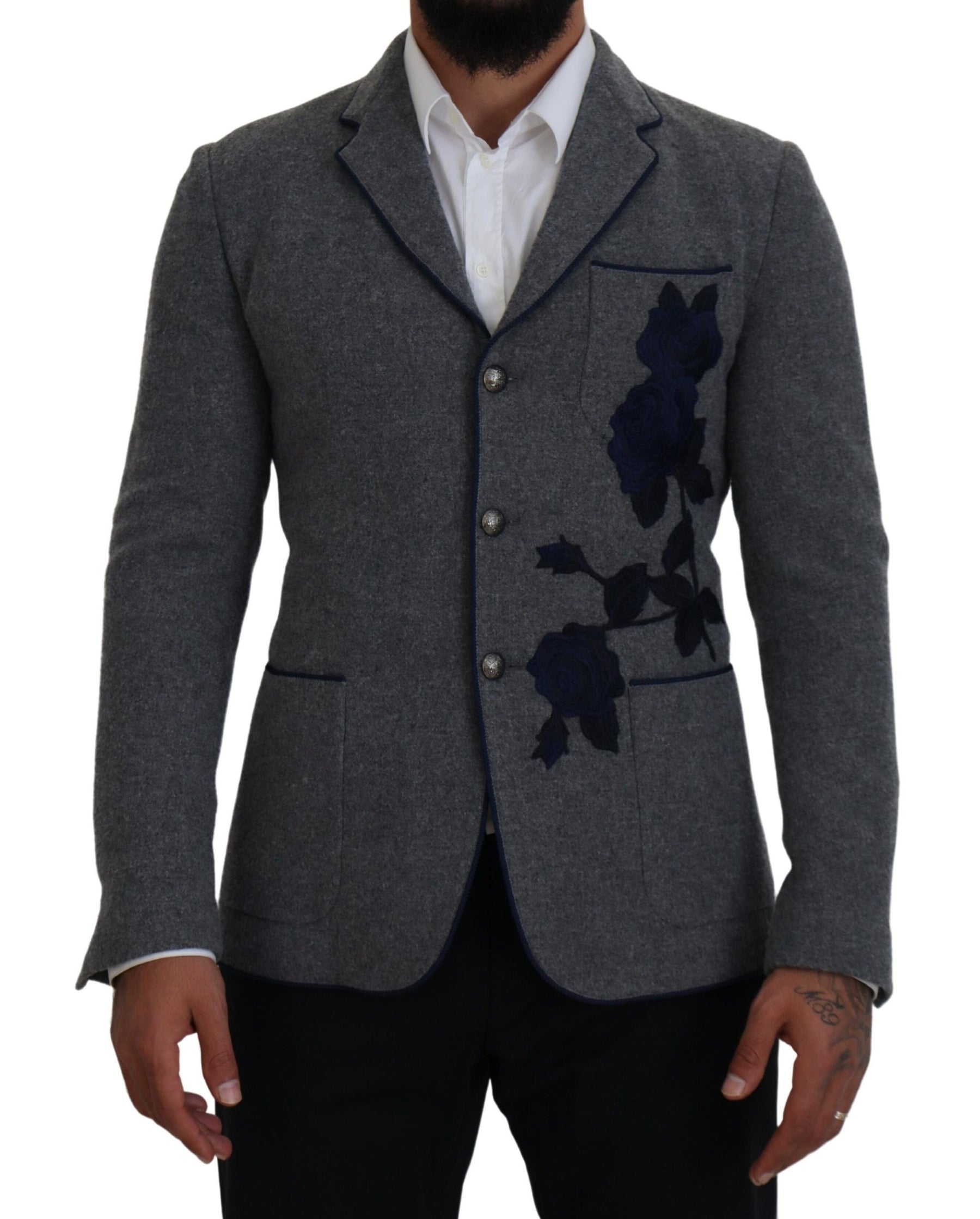 Dolce & Gabbana Gray Wool Roses Slim Fit Jacket Blazer | Regal Royce